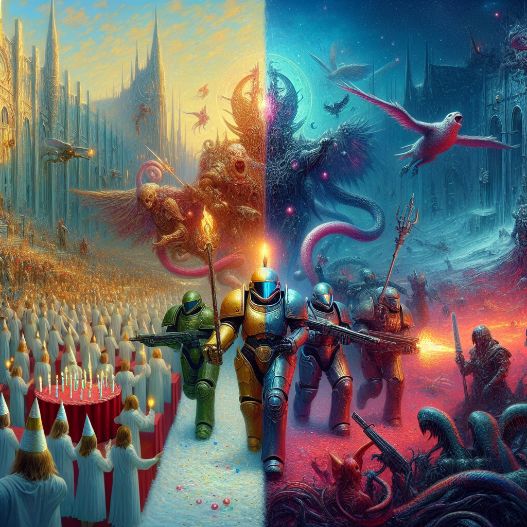 Imagine a visual representation where a common birthday festivity undergoes a surreal transformation, set against the contrasting scene of looming gothic towers and the vast, echoing expanse of a futuristic battlefield reminiscent of a time much beyond ours. Figures, lending a credible feel to warriors clad in emblematic power armor, are depicted in a fierce conflict with serpentine, demonic creatures. Bright, distinct representations of their struggles bring to life the old, mystical tales associated with these armored warriors, creating an interesting contrast of life’s celebration with an endless battle against ominous entities. The overarching theme beautifully captures both joy and conflict, intertwining it with the bleak, gothic undertones of a cosmos engaged in perpetual war.
Generated with these themes: Warhammer 40k, Dark angels battling demons, and Gothic.
Made with ❤️ by AI.