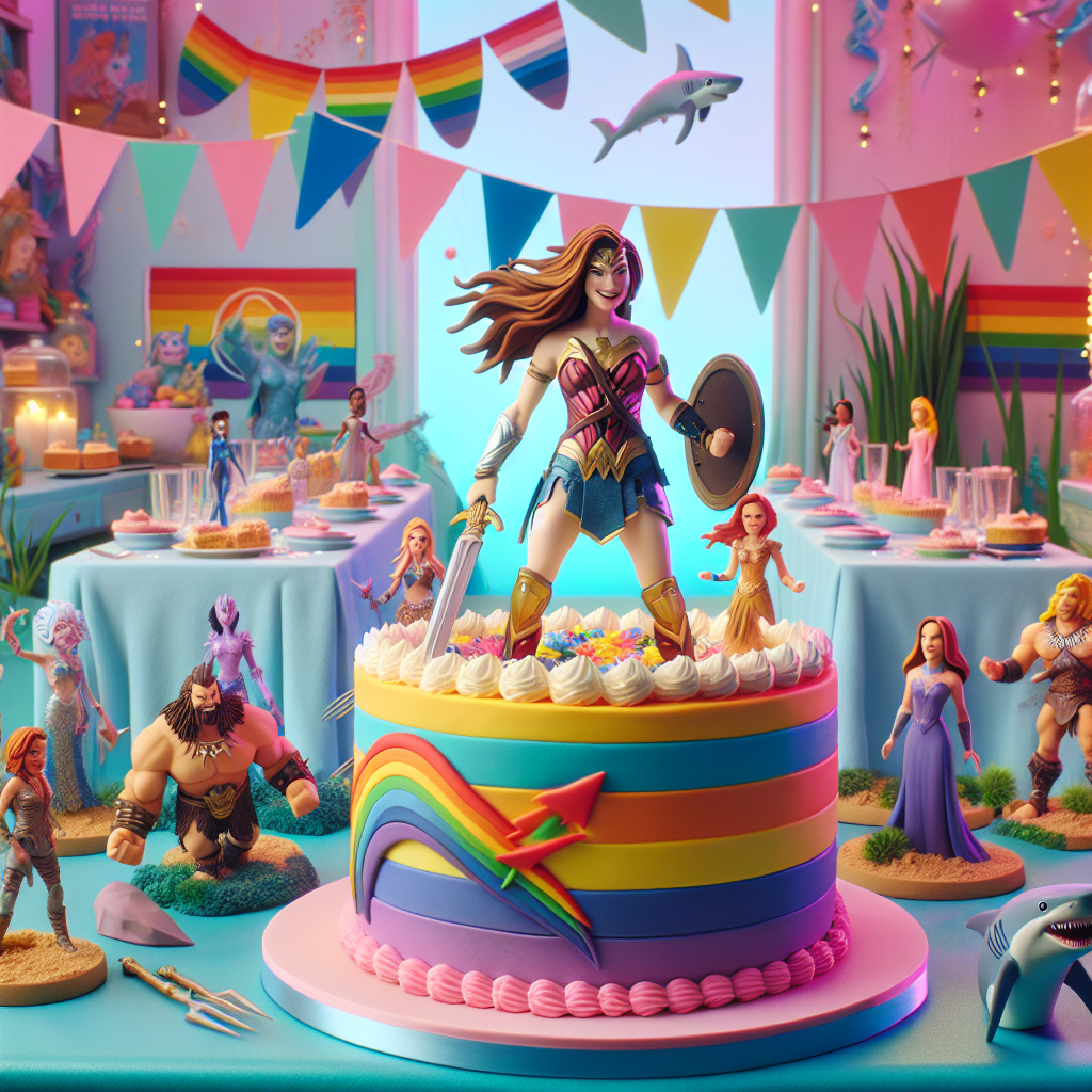 An energetic and colorful cartoon-style birthday party scene with a valorous female warrior as the centerpiece, reminiscent of a princess-led power team but not directly referencing any copyrighted characters. The environment is decorated with rainbow flags that signify lesbian pride, against a background of soft pastel decorations. Central to the scene, a carefully baked cake with universal symbols of heroism and power draws attention, while figurines of a strong, muscled female character and a nature-themed enchantress stand atop. Added to the mix are light-hearted animated sharks, contributing an element of marine fun to the overall theme.
Generated with these themes: Shera and the princesses of power, Lesbians, Cake, Scorpia, Perfuma, and Sharks.
Made with ❤️ by AI.