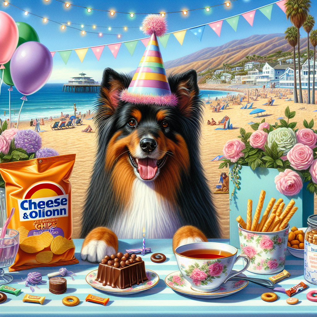 Imagine an illustration filled with the spirit of a birthday celebration. At the heart of the image is a cute Alsatian dog wearing a festive, brightly colored hat. The dog is sat at a table adorned in soft, pastel decorations situated on the sunny beaches reminiscent of Malibu, encapsulating the laid-back vibe of a seaside party. Surrounding the dog are various snacks often associated with such celebrations: there's a half-tipped can of Cheese and Onion-flavored chips, its content playfully spilling onto the table, a packet of chocolate-coated malted milk balls shining under the jubilant party lights, and right next to the cheery dog, a porcelain cup overflowing with hot, calming tea, shrouded in the delicious scent of birthday treats.
Generated with these themes: Alsatian dog, Malibu, Cheese and onion pringles, Maltezers , and Cup of tea.
Made with ❤️ by AI.
