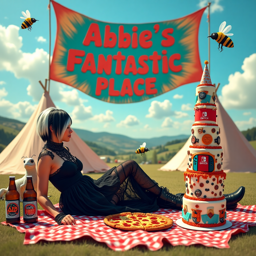 The scene unfolds at a vibrant rock festival, set against a backdrop of rolling hills and a clear blue sky dotted with fluffy white clouds. In the foreground, there's a lively picnic scene. A woman with striking white and black hair styled in an edgy, asymmetrical cut, is dressed in quintessential goth attire—a flowing black lace dress paired with chunky boots and silver accessories. She is reclining on a red and white checkered picnic blanket, with a bearded dragon lizard perched comfortably on her shoulder, its scales a kaleidoscope of oranges and browns that glisten in the sunlight.

Scattered around the blanket are slices of cheesy pepperoni pizza, still warm from the oven, and several bottles of craft beer with playful, colorful labels that hint at their quirky flavors. Nearby, an elaborate birthday cake towers with multiple tiers, each decorated with intricate fondant designs resembling the festival's iconic rock bands. Perched on top is a miniature edible replica of the Nintendo Switch console, with its signature neon blue and red controllers.

A large, colorful banner unfurls in the background, proudly displaying the words "Abbie's Fantastic Place" in bold, festive letters. The banner is anchored between two sturdy festival tents that flap gently in the breeze. Buzzing around the scene are bees with tiny party hats—an imaginative touch that adds a whimsical flair.

Above, in the azure sky, fluffy clouds take on the subtle shape of the word "Abbie" as if crafted by a masterful hand. The combination of these elements creates a scene that’s both amusing and visually captivating—a birthday celebration that captures the essence of fun, individuality, and delight at the heart of a rock festival picnic.
Generated with these themes: A bearded dragon lizard, A woman with white and black hair and goth clothes, Pizza and beer, A banner saying 'Abbie's Fantastic Place', Nintendo switch console, Birthday cake, Bees in the air, and Picnic at a rock festival.
Made with ❤️ by AI.