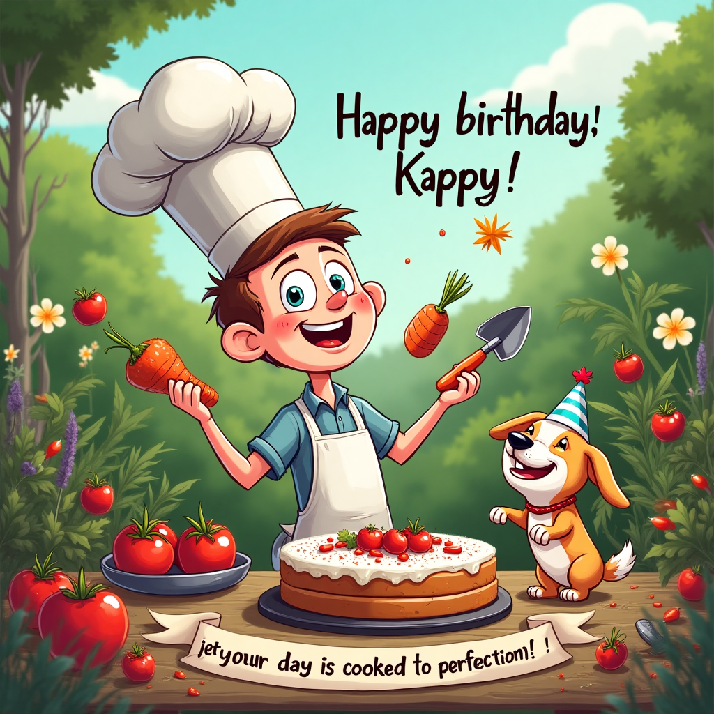 At the top of the Cartoon Style image, add the text: "Happy birthday Kappy"

**Image Description:**

In a whimsical, vibrant garden setting, a cartoon character with a comically oversized chef hat is juggling various garden vegetables while attempting to bake a cake. The cake ingredients include freshly picked tomatoes, a garden trowel, and a small dog playfully trying to grab a carrot from the mix. The garden is lush with exaggeratedly large flowers and oversized gardening tools scattered about. The dog, with a cheeky grin, is also balancing a tiny birthday hat on its head. 

In the bottom corner of the image, add a cheeky banner that reads: "Hope your day is cooked to perfection!"
Generated with these themes: Cooking, gardening, walking the dog, and .
Made with ❤️ by AI.