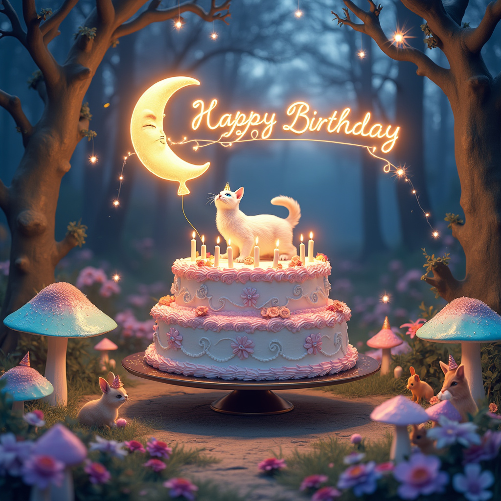 In the surreal yet realistic birthday scene for Azis Muhammad Hidayat, imagine a dreamy, enchanted forest clearing under a twilight sky. At the center of the clearing is a giant, beautifully ornate, vintage-style birthday cake, covered in pastel-colored frosting, intricate swirls, and delicate, edible flowers. The cake is adorned with shimmering candles that spell out "Happy Birthday Azis Muhammad Hidayat" in looping, golden script.

Perched atop the cake is a magnificent, white Siamese cat with striking blue eyes, wearing a tiny golden crown. The cat is playfully batting at a floating, whimsical balloon shaped like a crescent moon, which also has "Azis Muhammad Hidayat" written in elegant calligraphy across its surface.

Surrounding the cake, the forest floor is dotted with oversized, luminous mushrooms in shades of turquoise and lavender, casting a soft glow. Among the mushrooms, small woodland creatures like rabbits and foxes can be seen peeking out, each wearing tiny party hats.

Above, the twilight sky is a canvas of purples and blues, with stars twinkling brightly. In the clouds, subtly shaped like fluffy animals, the name "Azis Muhammad Hidayat" is cleverly formed, almost as if written by the stars themselves. A banner made of ivy and twinkling fairy lights stretches between two ancient trees, also bearing the birthday message in shimmering letters.

Every element of the scene is detailed, from the texture of the cat’s fur to the delicate petals of the cake’s flowers, creating a fantastical yet lifelike birthday wonderland.
Generated with these themes: White Siamese Cat .
Made with ❤️ by AI.