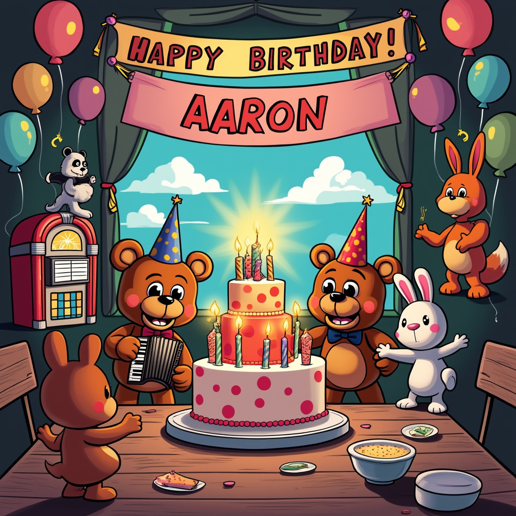 The cover of this whimsical birthday card captures a cartoonish birthday scene that blends the charm of Charles Schulz's "Peanuts" with a sprinkle of the eerie but playful atmosphere of "Five Nights at Freddy's." Imagine a vibrant, bustling birthday party set inside a quirky, slightly spooky pizzeria, reminiscent of the iconic settings from the game.

In the foreground, there's a large, multi-tiered birthday cake topped with flickering candles, and a big, colorful banner above it reads "Happy Birthday, Aaron!" The banner is strung between two animatronic characters that resemble friendly, plush versions of those from the game—perhaps a jovial bear and a cheeky rabbit, both sporting wide, goofy grins that hint at their playful mischief.

Surrounding the cake, we see an ensemble of cartoon animals, each with distinct personalities that echo Gary Larson's humorous touch. There's a fox in a polka-dot party hat playing an accordion, a panda balancing a stack of teetering gift boxes, and a squirrel juggling tiny cupcakes. Each character is animated with exaggerated features, reminiscent of Bill Watterson's dynamic style, adding a sense of action and excitement to the scene.

In the background, we can spot the whimsical details: a jukebox playing a lively tune, a disco ball casting playful reflections across the room, and colorful balloons with star patterns tied to chairs and tables. Hergé-inspired tidiness brings a sense of order to this bustling party, ensuring every detail is crisp and engaging.

The sky, visible through a large window adorned with swirly curtains, showcases fluffy clouds shaped like different letters, spelling out "Aaron" in a soft, dreamy script. This nod to Winsor McCay adds a fantastical touch, as if the entire universe is joining in the celebration.

This card captures a snapshot of a lively, cartoon world where the fun never stops and every detail invites a smile, making it a perfect birthday greeting for Aaron.
Generated with these themes: Five nights at Freddy's.
Made with ❤️ by AI.