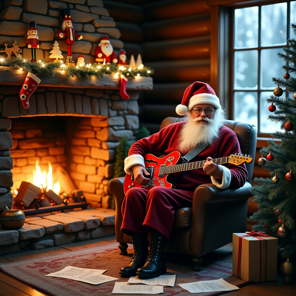 In the heart of a cozy, snow-dusted cabin, nestled deep in a pine forest, sits an elderly man with a twinkle in his eye and a flowing white beard, strikingly reminiscent of Santa Claus. He is seated comfortably in a well-worn leather armchair by a crackling stone fireplace, the mantel adorned with an array of vintage Christmas trinkets—miniature nutcrackers, a garland of golden bells, and a wooden reindeer. Draped over his head is a vibrant red Santa hat, complete with a fluffy white pom-pom that gently bobs as he nods to the rhythm of the music. In his weathered hands, he cradles a striking electric guitar—its body a glossy candy-apple red with silver trimming, gleaming in the warm light of the fire. The guitar is festooned with whimsical Christmas stickers, featuring stars, snowflakes, and tiny holly leaves. Scattered on the thick, rustic rug at his feet are sheets of music, adorned with handwritten notes and lyrics, hinting at the Christmas songs he’s composing. A string of colorful Christmas lights drapes around the window, casting playful reflections on the frosted glass. Outside, through the window, a gentle snowfall paints the night with an ethereal white, while in the corner, a humble yet charming Christmas tree stands proudly, decorated with handmade ornaments and flickering candle-shaped lights. This scene captures the spirit of the holiday season, fusing tradition with a rock 'n' roll twist, and celebrates the joy of music as a universal gift.
Generated with these themes: Playing an electric guitar with a Santa hat on.
Made with ❤️ by AI.