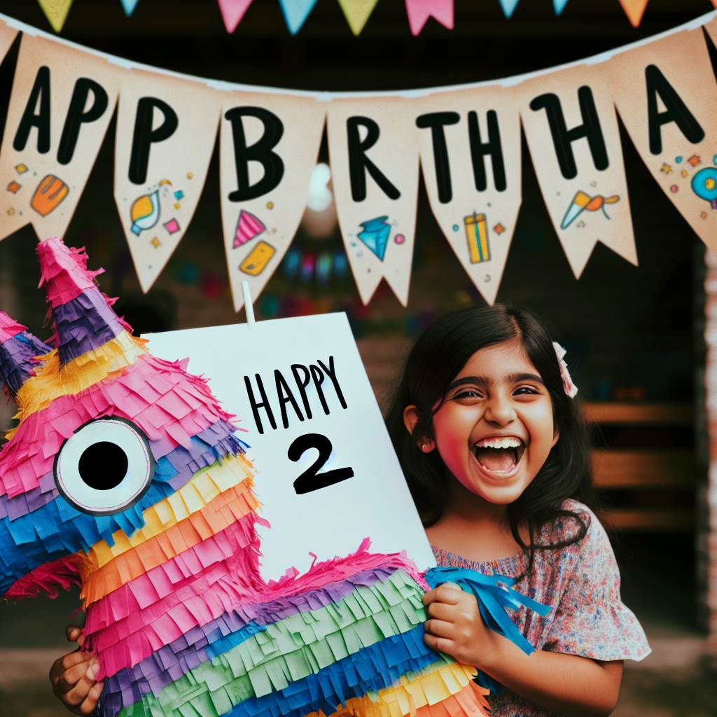 An endearing drawing depicts a young child beaming with excitement, holding a number '2' shaped pinata. A banner strewn across the top corner of the image exclaims 'Happy Birthday' in lively, handwritten script.
Generated with these themes: son 2nd  .
Made with ❤️ by AI.