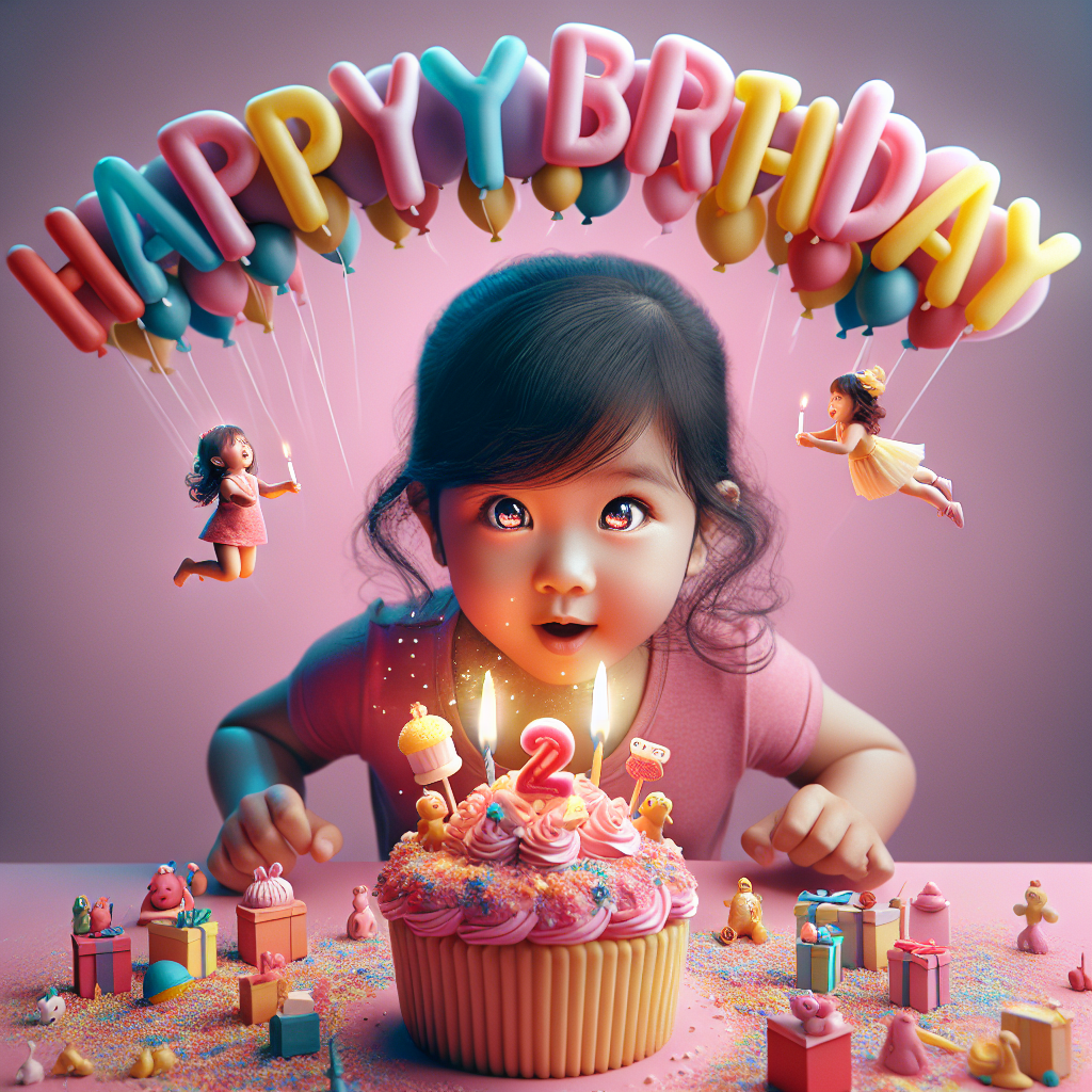 A whimsical scene portraying a mischievous toddler, eyes sparkling, about to blow out two candles on a whimsical cupcake. Floating above, the phrase 'Happy Birthday' is crafted out of pastel-hued balloon letters.
Generated with these themes: son 2nd  .
Made with ❤️ by AI.