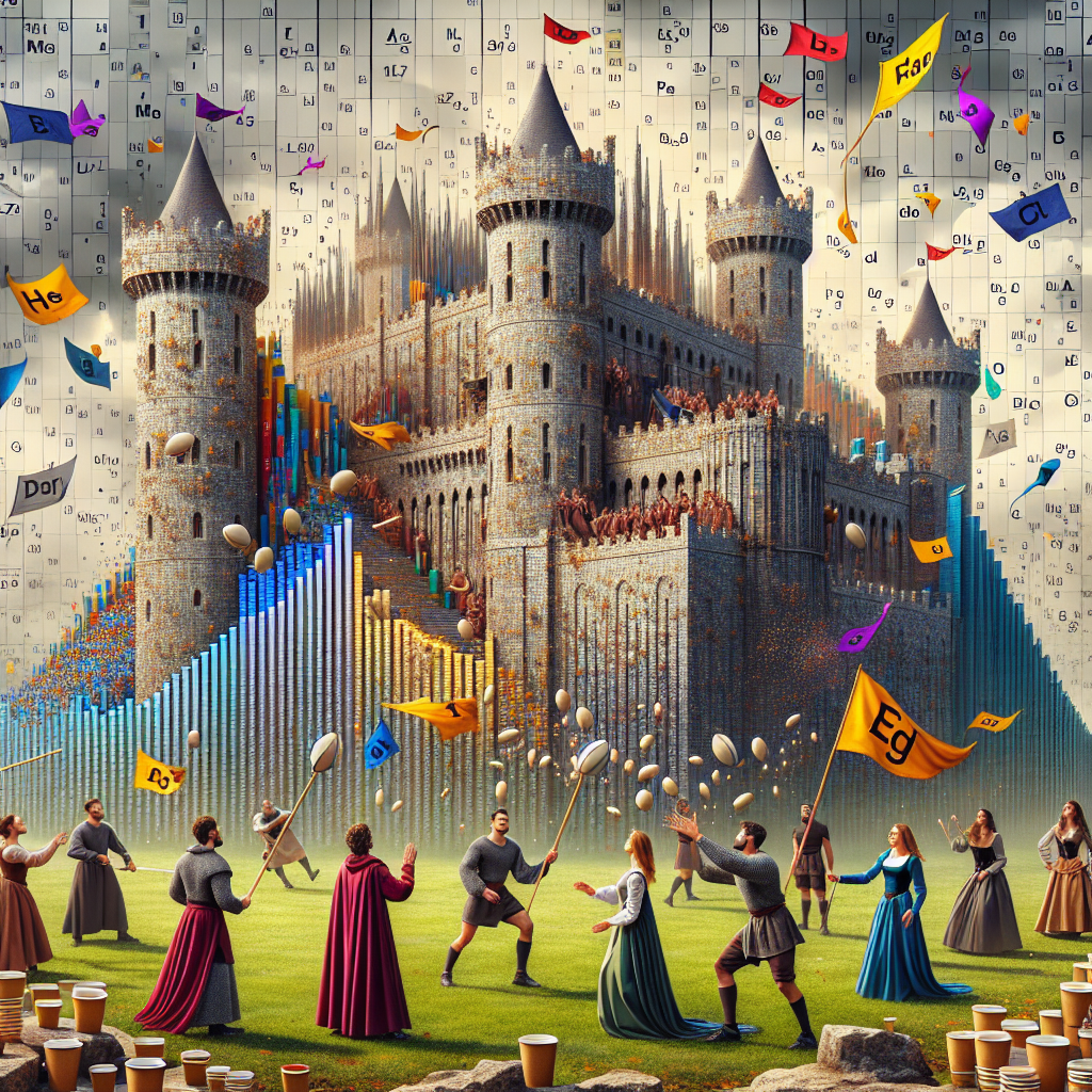 Visualize a captivating birthday scenario with a unique blend of the modern and medieval times. A majestic medieval castle coexists with numerical data visualized as massive columns, forming an unusual landscape of sprawling spreadsheets. Several people, presumably members of a local rugby club, are dressed in full medieval attire, engaging in a spirited game that uses coffee in paper cups as a stand-in for rugby balls. They are of varied descents, with some being Hispanic, others Caucasian, and others Black. Fluttering in the wind are a series of flags, each emblazoned with a chemical element symbol, cleverly intertwining the themes of chemistry into the celebrations.
Generated with these themes: Medieval castle, Spreadsheets, Coffee in paper cups, Walsall Rugby club, and Chemistry.
Made with ❤️ by AI.