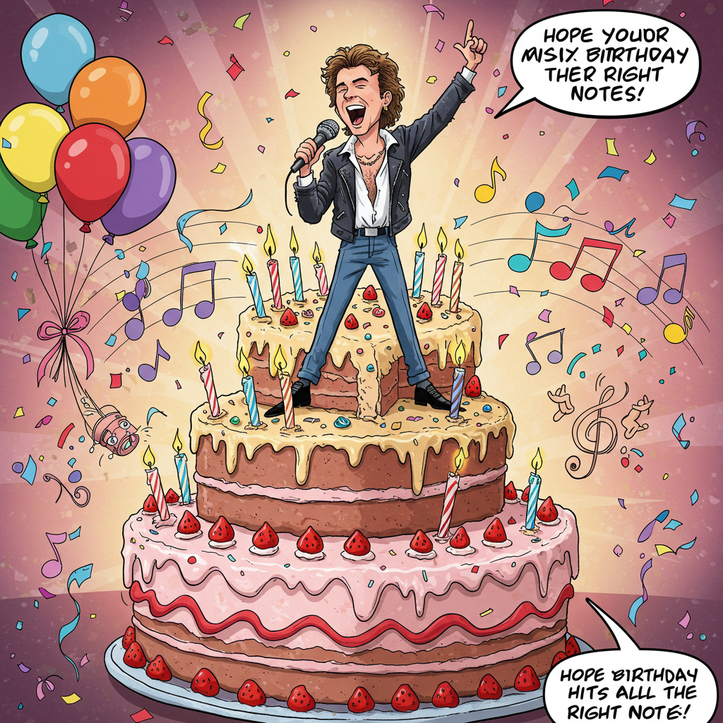 **Image Prompt:**

Create a vibrant and playful cartoon scene featuring the iconic singer Paul Young. Picture him mid-performance, standing triumphantly on top of an enormous, whimsical birthday cake. The cake should be an eye-catching spectacle with multiple tiers, each adorned with colorful frosting, sprinkles, and oversized candles, some comically tilted and dripping wax. Paul Young is depicted in exaggerated cartoon style, wearing his signature 80s outfit with a microphone in hand, belting out a tune with a beaming smile and wide-eyed expression.

The background is a lively burst of confetti and balloons in various shapes, adding to the celebratory atmosphere. Surrounding the cake are cartoon-style musical notes dancing in the air, symbolizing the song he's passionately singing.

In the bottom right corner, a cheeky caption reads: "Hope Your Birthday Hits All the Right Notes!"
Generated with these themes: Singer Paul Young singing on top of a Birthday cake, and .
Made with ❤️ by AI.