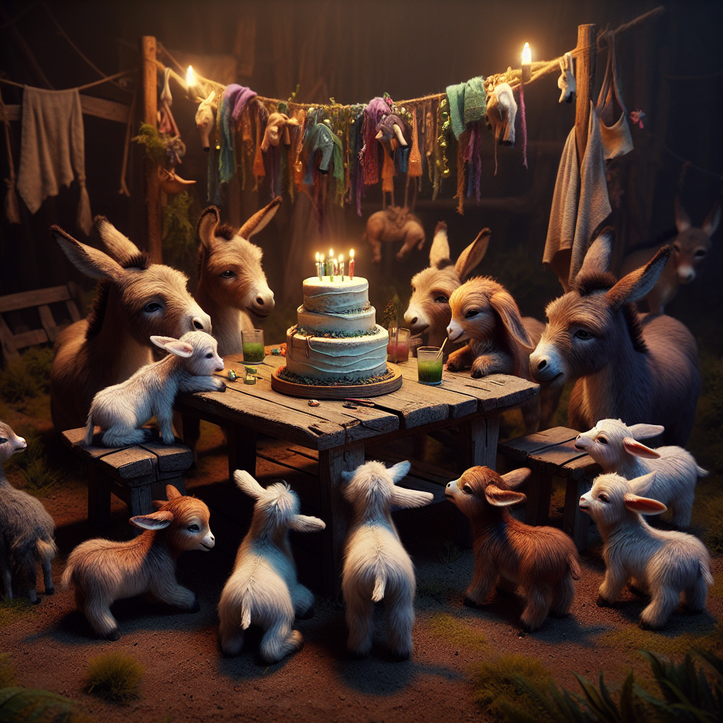 Imagine a quaint birthday celebration taking place in a dimly lit meadow. A group of anthropomorphized baby goats and donkeys are congregating around a rustic wooden table. On the table, there's a plain, yet charming, birthday cake that adds a sense of occasion to the scene. The donkeys are gently humming a birthday melody, in contrast, the baby goats are playfully gnawing on the lively garlands. The color scheme of the scene is mostly subdued, however, pops of vibrant colors find their way into the frame through the festive ornaments. The overall atmosphere is one of serene delight.
Generated with these themes: Baby goats , and Donkeys.
Made with ❤️ by AI.