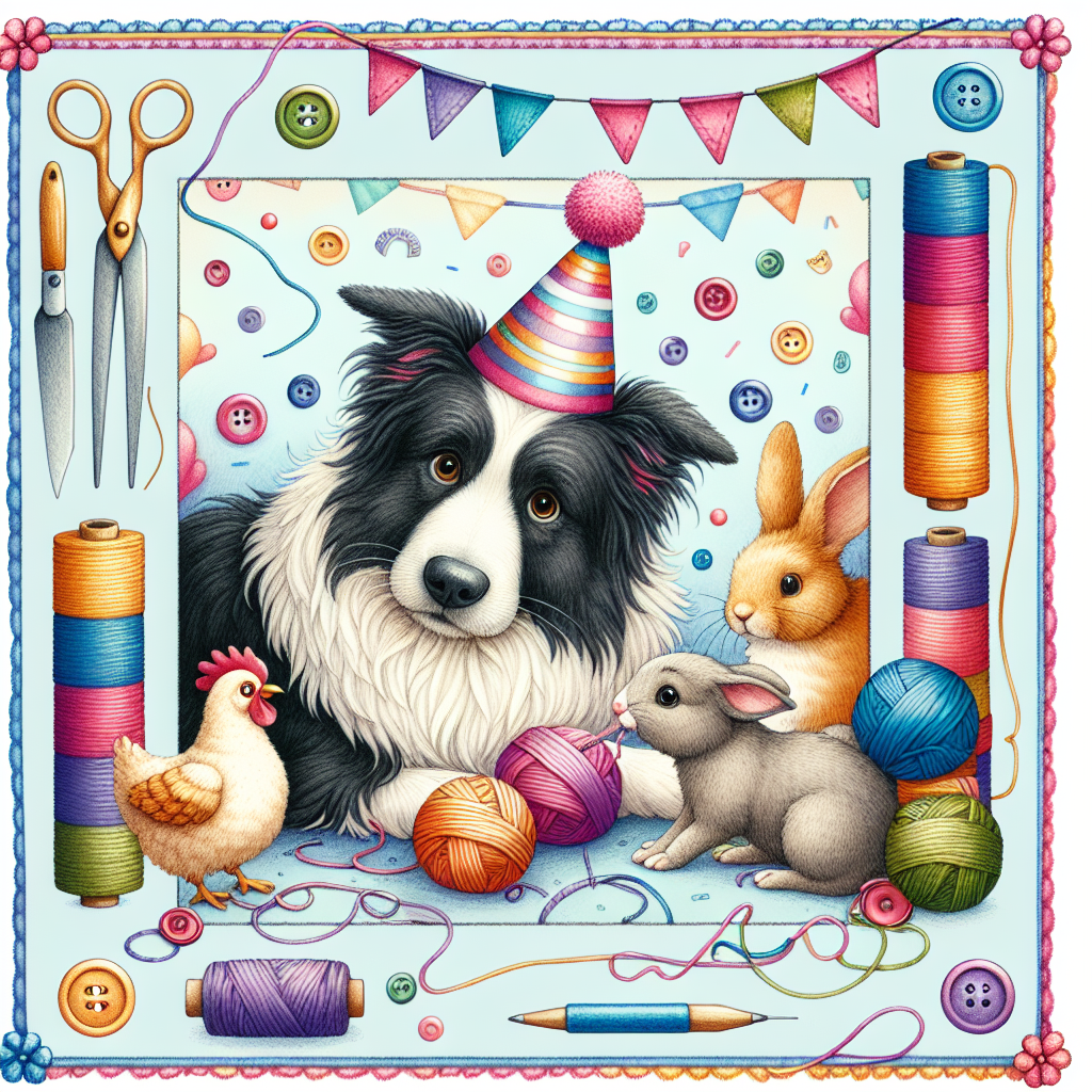 Create an illustration of a vibrant birthday scene filled with adorable animals and a creative craft motif. In the center of the image, feature a fluffy Border Collie wearing a festive party hat, gently interacting with a small, playful group of chickens and rabbits. Also, depict a sleek cat lazily lounging in the background, batting at a ball of yarn. The periphery of the image should be adorned with a whimsical border, composed of hand-drawn craft elements like buttons, needles, and spools of multicolored thread, capturing the essence of a joyful, homemade party.
Generated with these themes: Chickens, Rabbits, Cat , Border collies, and Craft.
Made with ❤️ by AI.