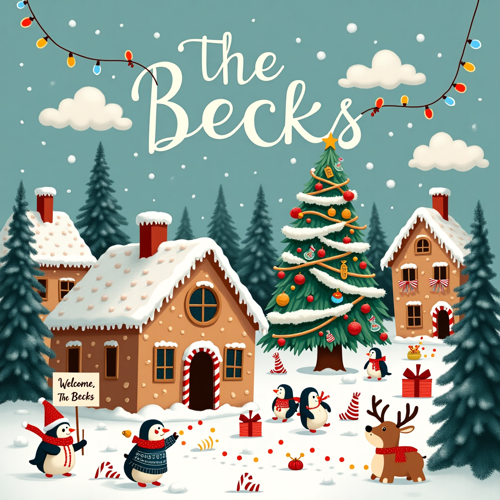 In this whimsical Christmas scene, picture a snowy village bustling with holiday cheer. In the foreground, a quaint gingerbread house stands, complete with icing icicles and candy cane pillars. Surrounding the house are jolly gingerbread men, some sporting mini Santa hats while others carry tiny sacks of colorful gumdrops. In front of this sweet abode, a giant, festively decorated Christmas tree towers, adorned with quirky ornaments like tiny teapots, musical instruments, and miniature sleds. A trail of vibrant string lights spirals up its trunk, casting a warm glow.

In the sky above this magical village, fluffy snow clouds are shaped to spell out "The Becks," as if Santa himself took a moment to personalize the wintery sky. Amid the snow-laden rooftops, a group of penguins in knitted sweaters slide down icy slopes, joyfully tossing snowballs at each other. A small reindeer, sporting an oversized red bow, peeks playfully from behind a snowbank, adding to the merriment.

To the left, a merry snowman holds a sign that says "Welcome, The Becks" written in elegant, candy cane-striped lettering. This whole scene is framed by frosted pine trees, their branches glistening with a delicate dusting of snow. The entire setting is alive with quirky details, from the elves peeking out of windows to the cheerful carolers made of snowflakes, all creating a charming holiday card that captures the joyful chaos of Christmas.
Generated with these themes: Christmas scene .
Made with ❤️ by AI.