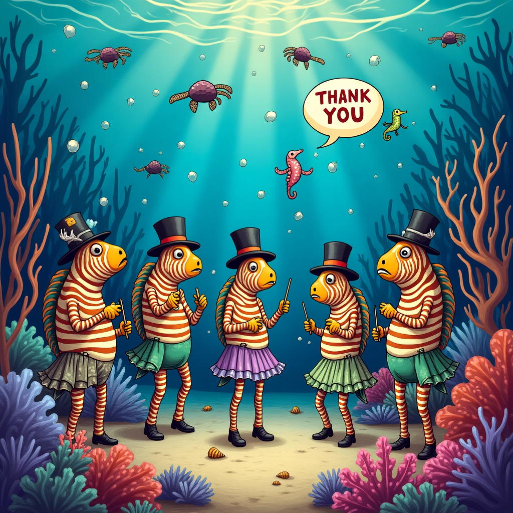 Picture a vibrant underwater world where a cluster of quirky zebrafish are holding a grand thank-you gathering. The scene is set within a lush coral reef, painted with a vivid palette of electric blues, radiant purples, and sunny yellows, akin to a whimsical Maurice Sendak landscape. In the foreground, the zebrafish, with their characteristic zebra-like stripes, are adorned in exaggerated Victorian attire reminiscent of Aubrey Beardsley's opulent designs — top hats, monocles, and billowy skirts that float amusingly in the water. 

One zebrafish, playing the role of a conductor, wields a baton made from a twig of seaweed, orchestrating an aquatic symphony. In place of instruments, a quirky assembly of sea creatures joins in: a crab clinks on a pair of seashells like cymbals, a starfish tickles a kelp harp, and a curious octopus manages a collection of submerged wind chimes. Their musical notes, illustrated as colorful bubbles, ascend toward the water's surface.

In the background, a tapestry of corals and sponges, designed with Maxfield Parrish's intricate detailing, creates a stage where a trio of sea turtles are slow-dancing, swaying gracefully to the tempo of the fishy ensemble. A school of seahorses flits by, each carrying a small banner with individual letters that spell out "THANK YOU" in a looping, elegant script reminiscent of Edward Gorey's charming oddities.

Floating above the scene, a whimsical bubble crafted in the style of Quentin Blake contains a small handwritten message, courtesy of the leading zebrafish: “You’ve really made a splash!” The entire scene bubbles with character, a bustling underwater celebration painted with the quirk and detail of a fantastical storybook illustration.
Generated with these themes: zebrafish.
Made with ❤️ by AI.