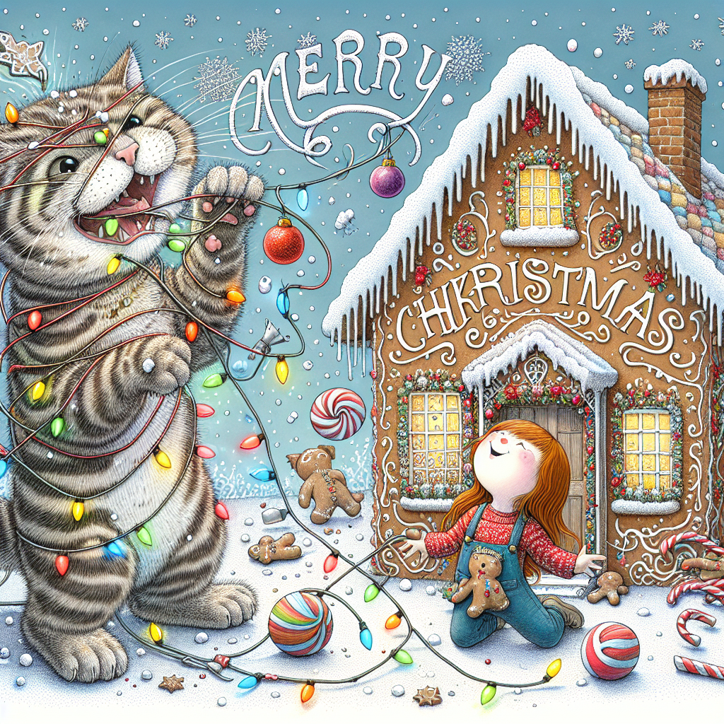 A whimsical illustration presents Birdy the cat tangled in a string of Christmas lights, causing baby Jean to erupt with laughter. They are surrounded by a flurry of snowflakes and candy canes. In the background, a gingerbread house sits, and above it, the words 'Merry Christmas' are written in a playful, curling font, as if sugar-dusted.
Generated with these themes: Cat called birdy/ baby called jean.
Made with ❤️ by AI.