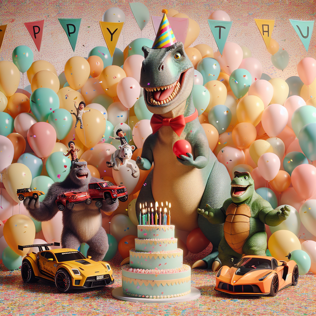 Imagine a lively birthday card backdrop filled with soft-hued balloons and confetti giving a party-like feel. In the center, a playful rendition of a large dinosaur-like creature is seen wearing a festivity hat, holding a miniature red sports car in one claw and a yellow supercar model in the other. Closeby, stylized cartoon characters full of vivacity, reminiscent of an animated comedy show, jubilantly gather around a comically oversized birthday cake, their expressions suggesting readiness to partake in the celebration.
Generated with these themes: Ferrari, Lamborghini , Godzilla, and Family guy.
Made with ❤️ by AI.