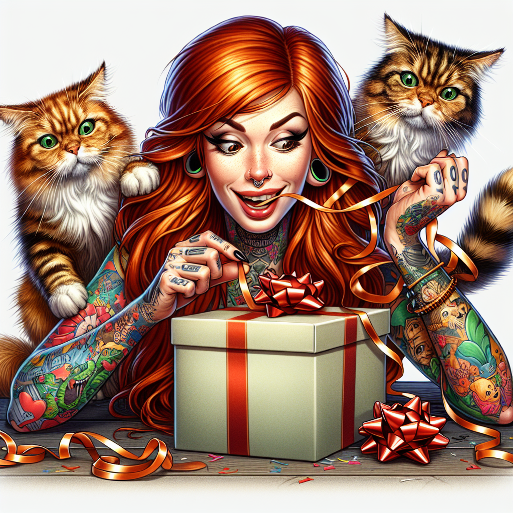 Depict a humorous and realistic birthday-themed scene featuring a tattooed lady with ginger hair, her long locks cascading over her shoulders showcasing her vibrant sleeve tattoos. The scene captures her in the middle of opening presents, with her loyal cats mischievously entwined in ribbons. Illustrate the cats' fur with detailed precision, allowing the visibility of each strand. The cats' amused expressions contribute to the playful ambiance. The woman's tattoos should be vibrant and striking, symbolizing the celebration and joyousness of a birthday party.
Generated with these themes: Tattooed lady, Ginger hair, and Cats.
Made with ❤️ by AI.