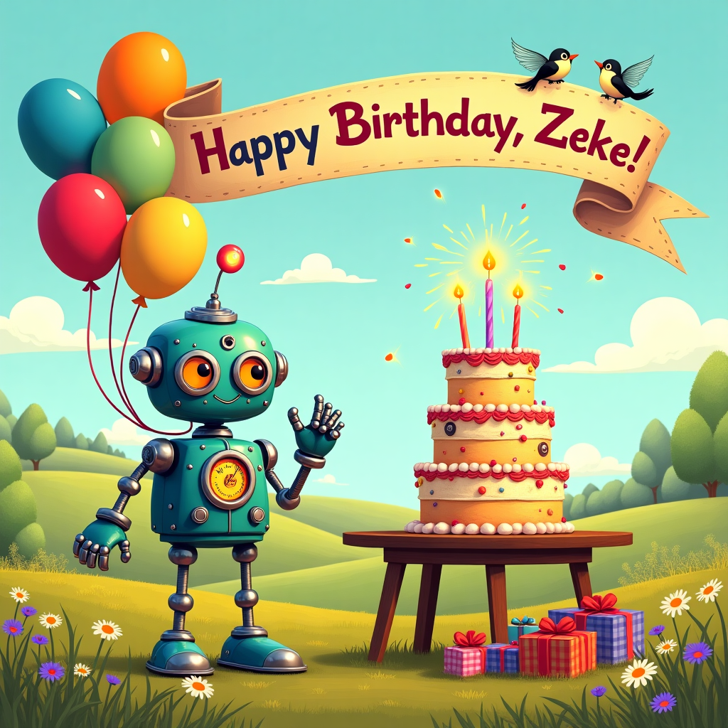 In the foreground of the birthday scene, there's a whimsical, retro-styled robot, reminiscent of a classic tin toy. It stands proudly on spindly legs with articulated arms that end in three-pronged claws. The robot is painted in a palette of shiny turquoise with chrome accents, with a red and yellow gauge on its chest indicating "100% Fun." Its round head features large, expressive eyes made of glass with intricate gear patterns within, and a small antenna protruding from the top, ending in a blinking light.

In its left claw, the robot holds a festive balloon bouquet composed of balloons in various colors: a vibrant royal blue, a bold red, a zesty orange, and a soft mint green. Each balloon is tied with a curly ribbon, with a hint of glossy reflection under a cartoonishly depicted sun.

The background is an open meadow, filled with patches of wildflowers in yellows and purples, dotted with daisies. A few ladybugs can be seen on the petals, crafted with delicate lines. Beyond the meadow, a picturesque line of rolling hills painted in a palette of emerald and olive green stretches to the horizon under a sky of a soft azure hue, scattered with fluffy white clouds.

Centered within the scene is a towering, elaborate birthday cake sitting atop a rustic wooden table. The cake has five tiers, each decorated with intricate patterns of piping and adorned with edible gears and cogs, echoing the robot's aesthetic. The top tier is crowned with sparklers sizzling with animated motion.

A large, eye-catching banner arcs across the top of the scene, written in a playful script that echoes the styles of Quentin Blake and Maurice Sendak. The banner is held aloft by two mischievous birds, illustrated in the style of Beatrix Potter, and it reads, "Happy Birthday, Zeke!" The letters are vibrant, each one a different color from the robot's palette, appearing as if hand-painted with strokes visible.

Near the base of the cake, there's a scattering of birthday presents, wrapped in shiny metallic papers of silver and gold, each topped with an elaborate bow. The scene captures the eye with its balance of detailed elements, playful contrasts, and the harmonious color palette typical of a Maxfield Parrish landscape.
Generated with these themes: With robot.
Made with ❤️ by AI.