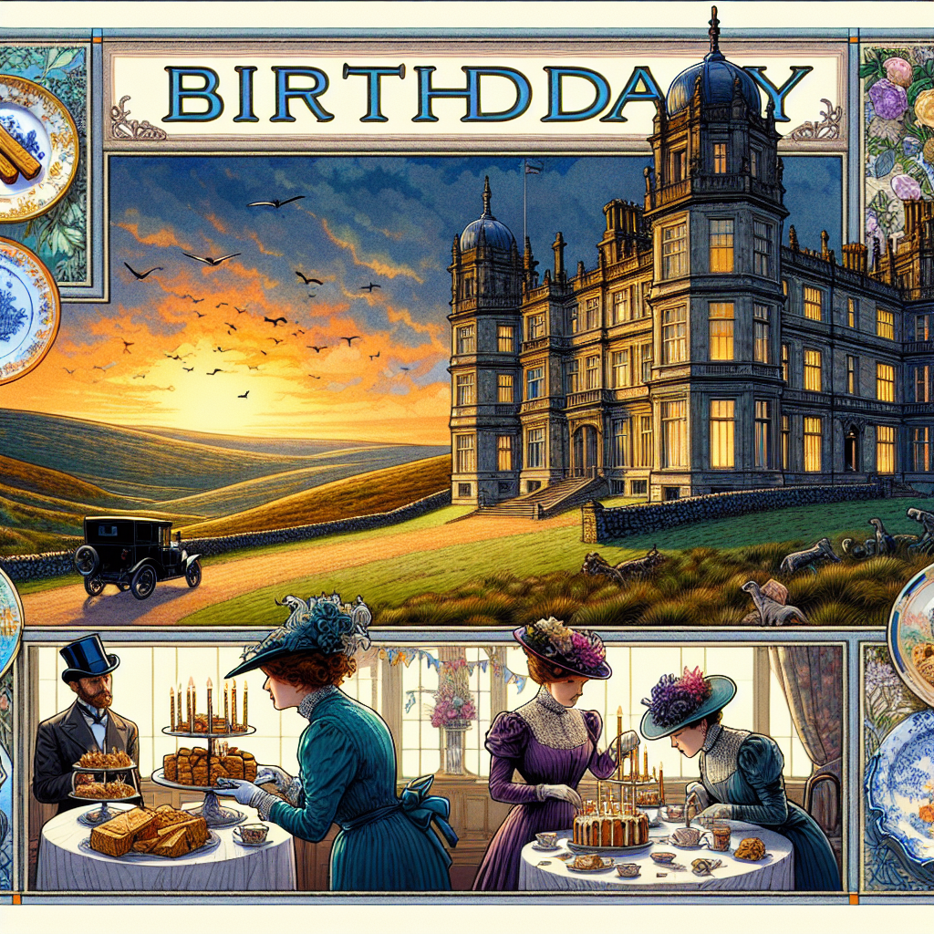 An appealing illustration with a birthday theme, portraying a large, majestic stately home reminiscent of the architecture from the Edwardian era, located at the borders of scenic, wide-open moorlands. As a warm sunset bathes the estate in soft light, an imaginative tea party with a dystopian edge is taking place. Individuals garbed in Edwardian-era clothing are seen relishing biscotti and other baking wonders. Accentuating the refined celebration, the borders of the scenery are framed by an assortment of ornamental ceramics painted in delicate hues of blue and white.
Generated with these themes: Downton abbey, Dystopia, Moors, Sunset, Biscuits, Baking, and Blue and white pottery.
Made with ❤️ by AI.