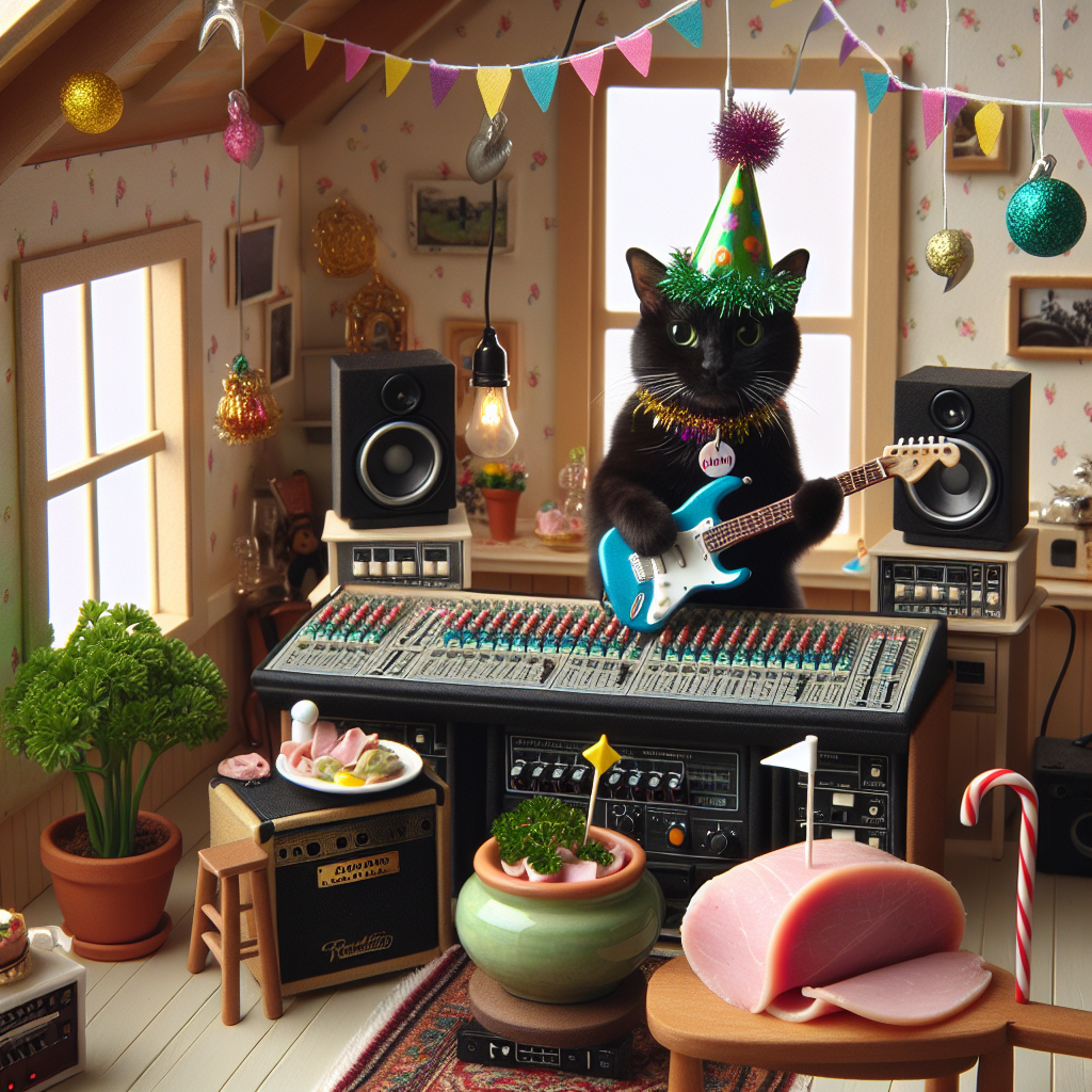 Create an endearing image displaying a birthday celebration inside a small, charming music studio. The main attraction to look at is a black cat, adorned in celebratory attire, skillfully playing an electric guitar. Cheerful party decor dangles from the high ceiling, and there's a clever twist - a miniature golf flag emerging from an indoor pot plant, giving the semblance of a golf hole. Resting on the sound mixer's console, there's a plate of appetizing ham, garnished with fresh parsley, set to be served as the birthday feast. More than the sound, the music coming from the guitar is creating a visually rhythmic ambiance, adding to the overall delightfulness of the scene.
Generated with these themes: Golf, Electric guitar, Music studio, Ham, and Black cat.
Made with ❤️ by AI.