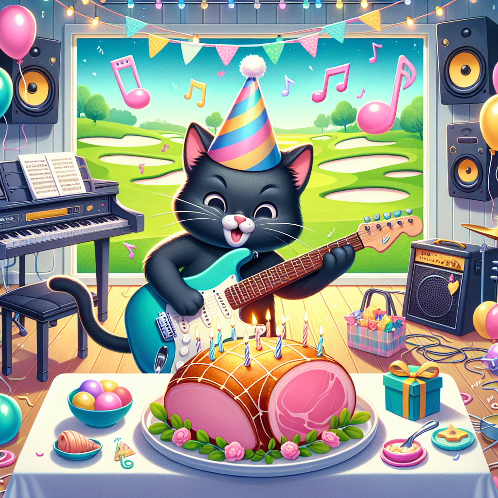 Create a heartwarming picture that portrays a birthday celebration. Feature a vivid golf course as a backdrop and characterize a cute black cat, donning a party hat and enthusiastically playing an electric guitar. Let pastel-colored musical notes waft in the air, adding to the vibrant atmosphere. In the front view, introduce a festive ham lit up with birthday candles, delicately placed on a table set inside a homey music studio. Accentuate the studio with decorations of balloons and streamers for added festivity. Use the illustration to emphasize the eclectic mix of elements and a strong sensation of enjoyment.
Generated with these themes: Golf, Electric guitar, Music studio, Ham, and Black cat.
Made with ❤️ by AI.