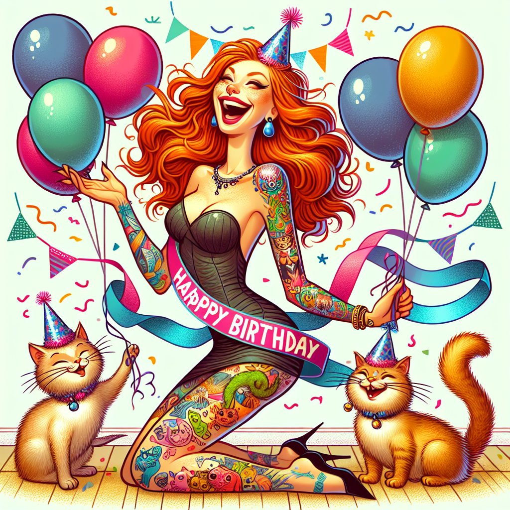Illustrate a humorous birthday celebration involving a Caucasian lady with ginger hair, accented with artistic tattoos. She is festively donned in a unique birthday sash, surrounded by a vibrant blend of balloons and streamers. Her beloved felines participate in fun, each wearing small party hats and playfully winding around her legs. Her contagious laughter, enhanced by the creative decorations featuring a cat theme, invites everyone into the joyous atmosphere.
Generated with these themes: Lady with tattoos, Ginger hair, and Cats.
Made with ❤️ by AI.