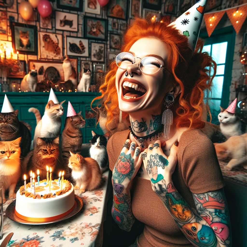 Imagine a vibrant birthday celebration filled with joy and laughter. A Caucasian lady with ginger locks and artful tattoos is laughing heartily, capturing the essence of the festivity. She is surrounded by an adorable entourage of mischievous cats, each wearing a miniature birthday hat, adding an amusing and idiosyncratic touch to the scene. The ambiance is lively, echoing with chatter and playful meowings set against an eclectic decor of feline-themed decorations. The centerpiece of the room is a table laden with a cat-shaped birthday cake, adding to the uniquely charming, humorous and heartwarming atmosphere of the party.
Generated with these themes: Lady with tattoos, Ginger hair, and Cats.
Made with ❤️ by AI.