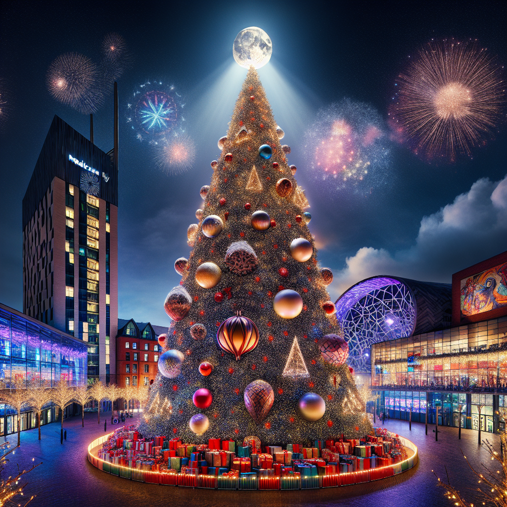 Media City in Manchester transforms into a winter wonderland, anchored by a monumental, realistically adorned Christmas tree. Its apex, a pointy crown, acts as a conduit for a soft moonbeam that gently kisses the scene below. The tree stands sentinel amid the urban landscape, roots crowned by a colorful array of gifts and the area's notable buildings echoing the festive motif. Above, the heavens join the celebration with an impressive fireworks display, filling the night with a symphony of light and color.
Generated with these themes: Giant christmas tree with a pointy crown at the top with moonlight shooting from it, Presents, Manchester, Media city buildings, and Fireworks.
Made with ❤️ by AI.