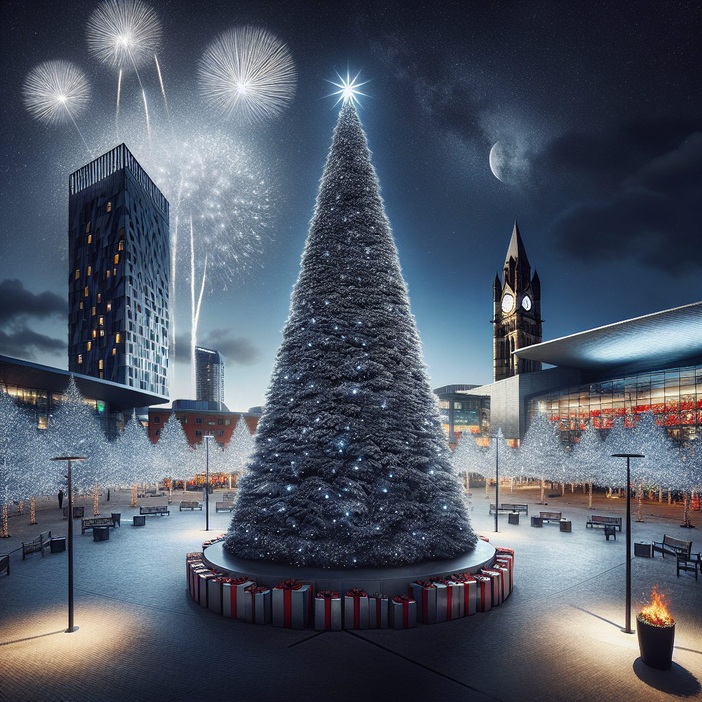As you wander through Manchester’s Media City during the yuletide season, your gaze is captured by an extraordinary sight: a realistic giant Christmas tree adorned with a sharp, pointy crown piercing the night sky. Moonlight streams from the crown, casting a serene glow over the scene. Below the tree lies a collection of festive presents, adding warmth to the crisp evening air, while the silhouette of Media City buildings forms a grand backdrop. Overhead, the sky erupts with an array of fireworks, echoing the cheer of the holidays.
Generated with these themes: Giant christmas tree with a pointy crown at the top with moonlight shooting from it, Presents, Manchester, Media city buildings, and Fireworks.
Made with ❤️ by AI.