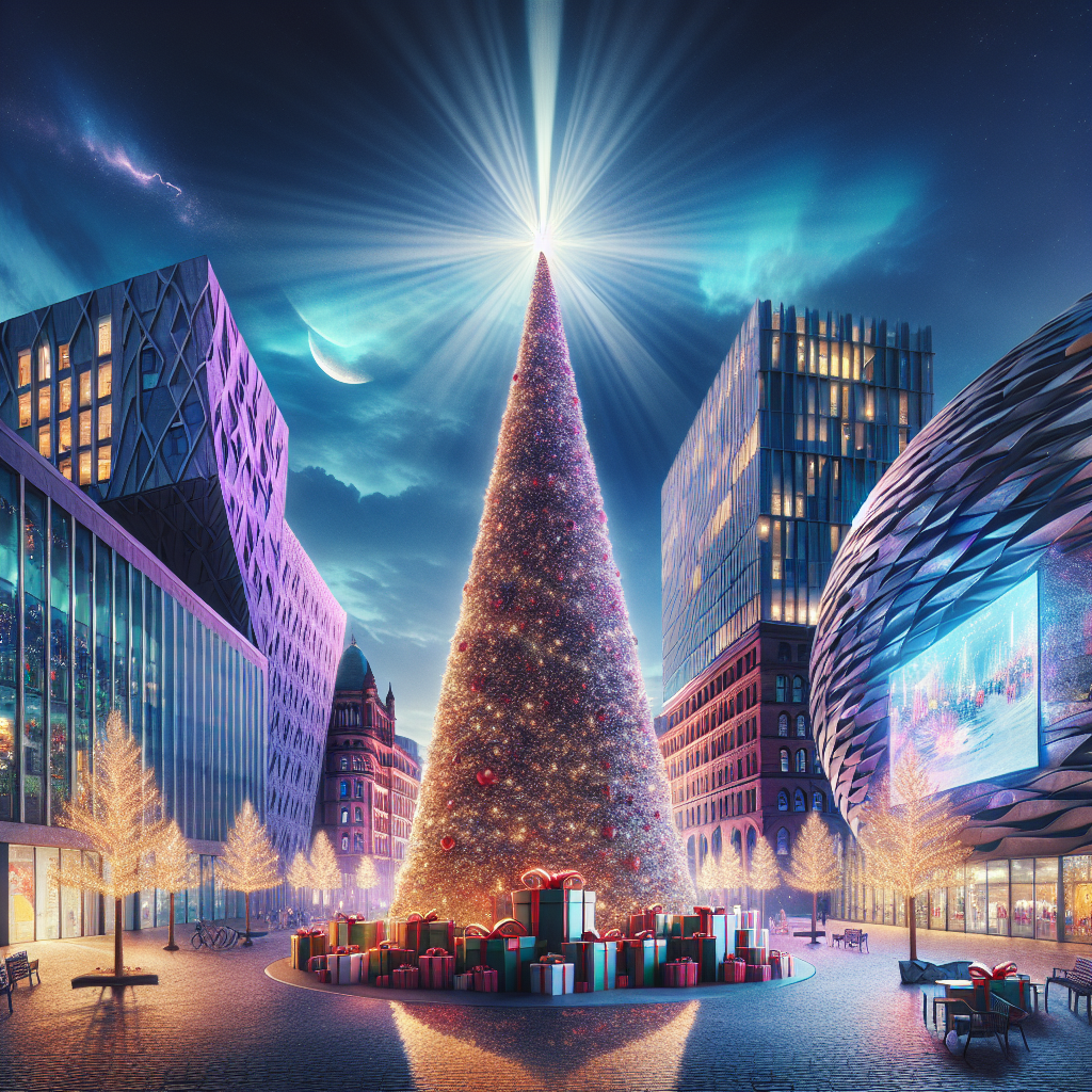 In the heart of Manchester's Media City, the festive spirit is palpable. The centerpiece is a breathtakingly realistic giant Christmas tree, with a sharp crown atop that seems to slice through the darkness, channeling a brilliant ray of moonlight. Surrounded by iconic Media City architecture, the scene is further brought to life by an array of thoughtfully placed presents under the tree and a dazzling fireworks display in the backdrop, celebrating the joy of the season.
Generated with these themes: Giant christmas tree with a pointy crown at the top with moonlight shooting from it, Presents, Manchester, Media city buildings, and Fireworks.
Made with ❤️ by AI.