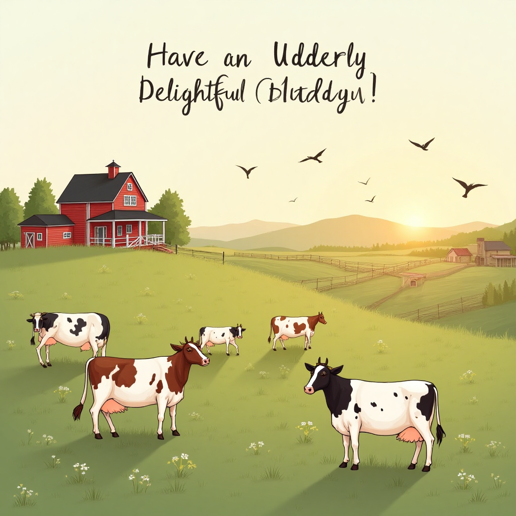 Picture a beautiful farmhouse overlooking the ranch.  The house has a covered porch.  Barn is nearby. There are cows in the pasture,  birds overhead.  It is a beautiful sunrise., and Birthday Card