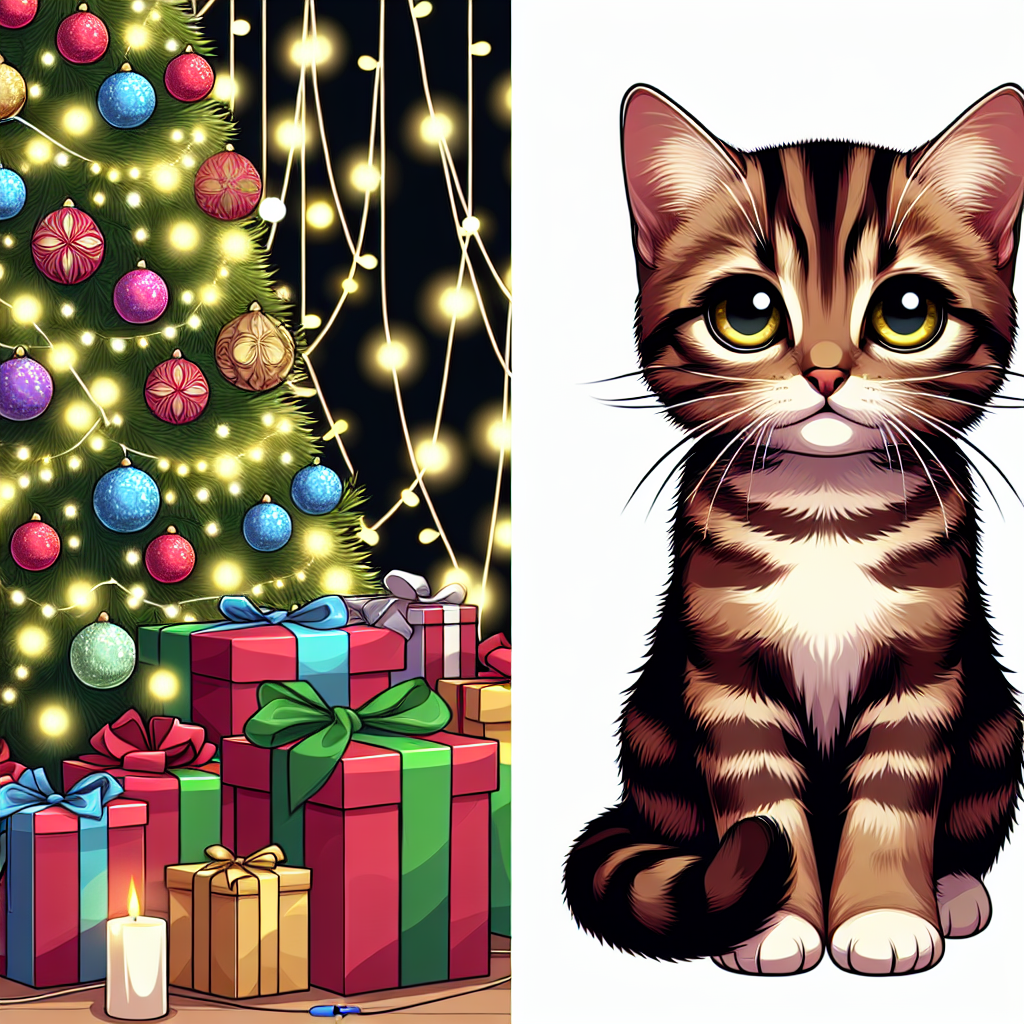 A vector-style illustration captures the essence of Christmas with a whimsical twist. A slender, brown tabby cat with soulful yellow eyes appears to be quietly saying 'I'm sorry' amidst a backdrop of gaily wrapped presents, a beautifully decorated Christmas tree, and strings of soft, glowing lights.
.
Made with ❤️ by AI.