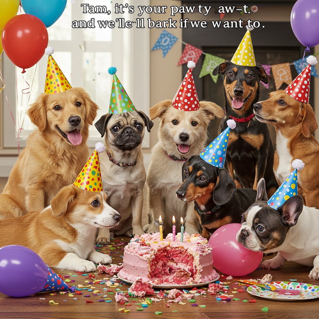 At the top of the realistic photograph image, "Tam, it's your paw-ty and we'll bark if we want to!"

**Prompt for image:**

A funny, high-resolution realistic photograph of a chaotic birthday party scene featuring a group of five adorable puppies of various breeds (e.g., a golden retriever, a pug, a dachshund, a corgi, and a French bulldog). The puppies are wearing colorful party hats and covered in confetti. One mischievous pup has its snout in a smashed birthday cake on the floor, frosting smeared all over its face. Bright balloons float in the background, with a few tied to wagging tails. A tipped-over party banner lies in the corner, and another puppy is trying to pop a balloon with its paw. The lighting is bright and cheerful, emphasizing the playful mess and celebratory vibe. Captured in a style that mimics a spontaneous moment from a real doggy birthday party, bursting with color, joy, and humorous canine chaos.
Generated with these themes: Puppies with confetti, balloons and cake.
Made with ❤️ by AI.
