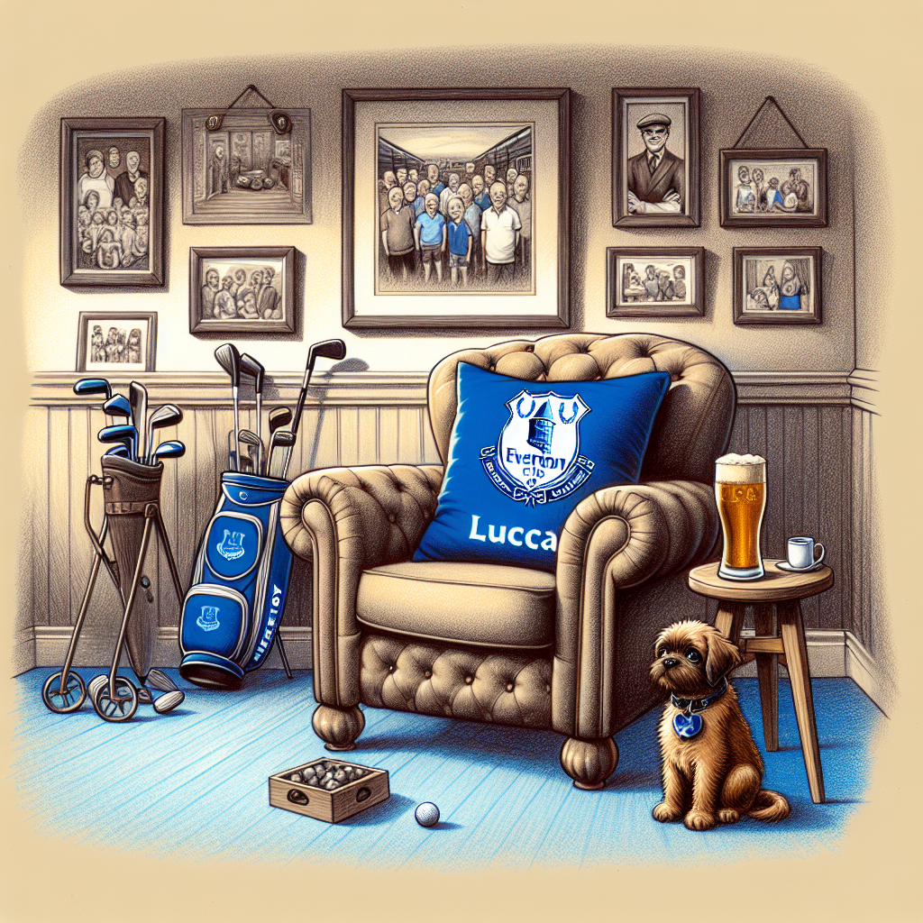 Illustrate an image of a warm and cozy interior scene representing Father's Day without visualizing a father. Centralize a plush armchair decorated with an Everton Football Club cushion, indicating a relaxing spot for a dad. Nearby, illustrate a small table holding a pint of frothy beer, accompanied by a collection of golf clubs propped up nearby, suggesting his pastime activities. On the floor, sketch a playful puppy with a collar tag marked 'Lucca', as if it's patiently waiting for its owner. Decorate the walls with framed family photos and Everton memorabilia to add a personal touch to the environment.
Generated with these themes: Everton football club, Golf, Beer, and Lucca.
Made with ❤️ by AI.