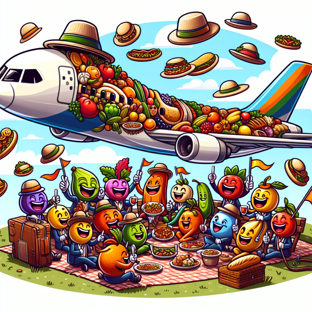 Create an image depicting a cartoon-style airplane with a friendly face, its wings decorated with a multitude of international cuisine. The plane is soaring above an animated group of fruits and vegetables, each portraying distinct expressions of mirth, and wearing hats synonymous with comedy. They're situated on a picnic blanket, engaged in sharing a meal, making mirthful banter, and waving banners of farewell. This cheerful scene symbolizes the vibrant intersection of travel, humor, and culinary delights in a lively farewell party.
Generated with these themes: Travelling, Comedy, and Food.
Made with ❤️ by AI.