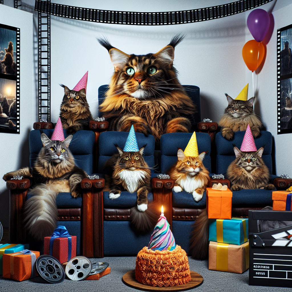Create a festive, cozy scene of a birthday-themed movie marathon attended by a jovial troop of Maine coon cats. They are depicted residing comfortably in sumptuous movie theater seats, with the most substantial feline situated in the middle sporting a vibrant, cone-shaped birthday hat. Their gaze is focussed on the flickering screen that shares the riveting story of a cartoon cat's escapade. At the base of their seating, observe a mountain of presents, stylishly wrapped, hinting the contents could be DVDs. Augmenting the celebratory ambiance is streamers that bear a striking resemblance to film strips, hanging around the room. Capture a uniquely crafted birthday cake, molded into the likeness of a director's chair, indicating a pending celebration.
Generated with these themes: Maine coon cats, and Movies.
Made with ❤️ by AI.