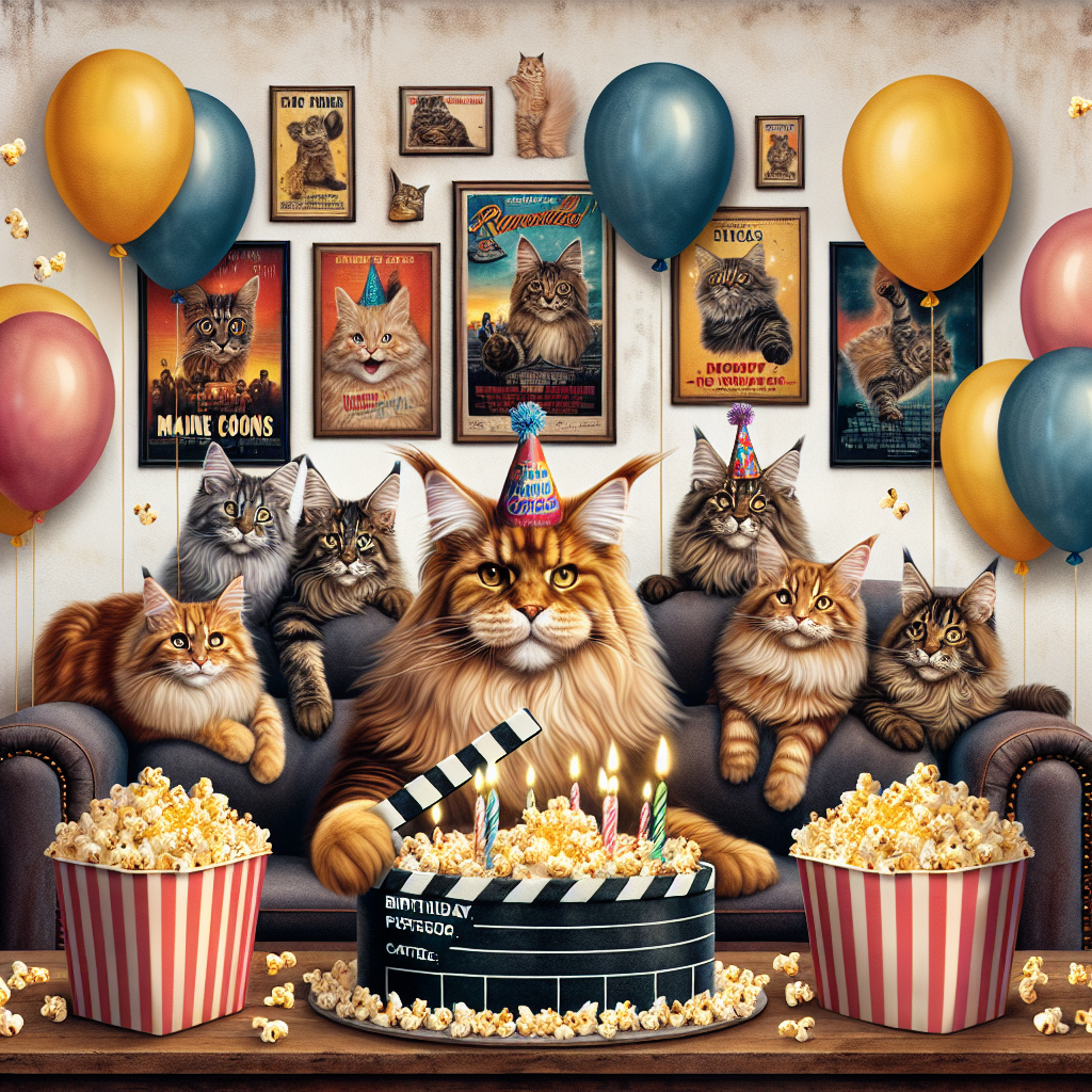 Generate a delightful and warm birthday illustration that features a gathering of fluffy Maine Coon cats in a homely theater setup. One particularly large Maine Coon, donned in a celebratory party hat, extends its paw towards floating party balloons stylized as movie reels and popcorn containers. The surrounding wall decorations consist of classic movie posters modified to depict feline versions of popular film titles. At the heart of the festive scene, a birthday cake with a clapperboard topping and decorations shaped like film strips commands central attention.
Generated with these themes: Maine coon cats, and Movies.
Made with ❤️ by AI.