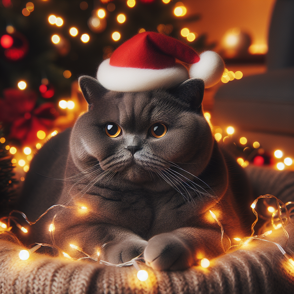 A chubby British Shorthair cat with a soft grey coat and sparkling yellow eyes sits contentedly amidst a cozy Christmas scene. Festive lights twinkle around its round face as it sports a tiny Santa hat, tilted to one side.
.
Made with ❤️ by AI.