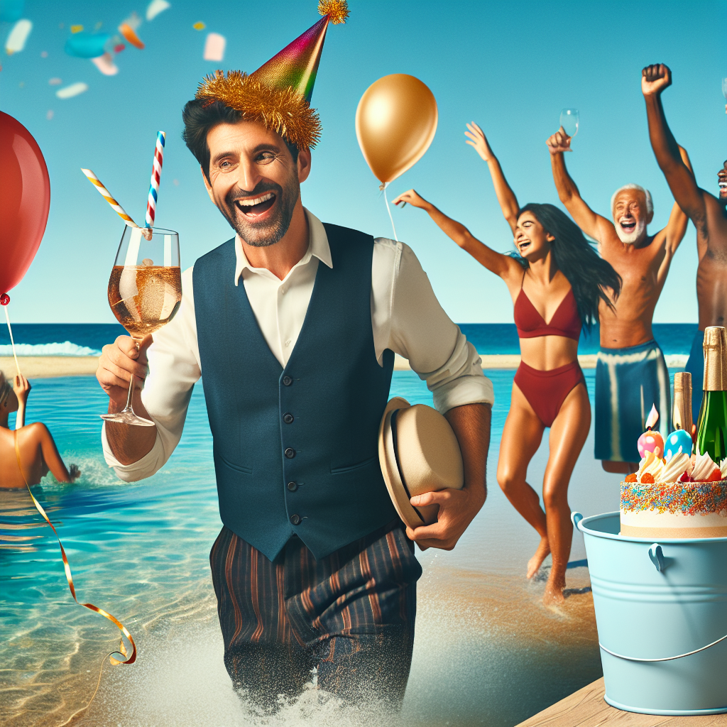 Create an image of a lively birthday party at the seaside. A South Asian man cheerfully swims in the blue ocean, his joy amplified by a festive birthday cap and buoyant balloons tied around his wrist. A Middle-Eastern woman trots along a golden beach path nearby, donning a party hat and playfully wearing a streamer as a cape, exuding joy and excitement. Adding to the revelry, a heartwarming scene on the sandy beach features a mixed group of Caucasian and Hispanic individuals happily raising their glasses in toast. To the side, chilled wine bottles nestle in a bucket, next to a scrumptious cake topped with glowing candles.
Generated with these themes: Sea swimming, Jogging , and Drinking wine.
Made with ❤️ by AI.