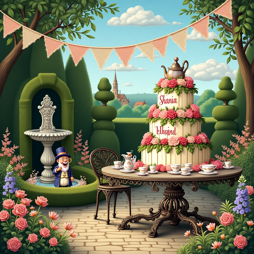 **Scene Description for Birthday Greeting Card:**

The scene is set in a lush, meticulously manicured Victorian garden, a nod to British heritage, with finely trimmed hedges, vibrant flowerbeds, and cobblestone pathways. In the foreground, a grand, intricately detailed wrought iron garden table is laden with a whimsical and slightly over-the-top birthday cake. The cake is layered high with tiers, adorned with sugar roses and cascading fondant ivy. On top of the cake, in a playful yet elegant font, is the name "Shania" crafted in delicate sugar script.

On the left side of the card, a group of comically Victorian-dressed garden gnomes, complete with tiny waistcoats, top hats, and monocles, is engaged in a lively tea party. They sit on tiny wrought iron chairs, sipping tea from dainty porcelain cups painted with miniature roses. One gnome is cheekily pouring tea from an exaggeratedly large teapot, creating a whimsical sense of scale.

In the background, an ancient stone fountain, adorned with moss and sculpted cherubs, trickles water gently. The garden is bordered by towering hedgerows, forming a natural, leafy backdrop. Vibrant blooms like foxgloves, roses, and delphiniums add splashes of color—pinks, purples, and creams—that contrast with the verdant greenery.

Suspended above, strung between two stately topiary bushes shaped like regal peacocks, is a bunting made of antique lace and pastel fabric. The bunting flutters gently in the breeze, adding a touch of vintage charm. 

The sky is an expansive cerulean, dotted with fluffy, cumulus clouds, a gentle nod to a serene English afternoon. In the distance, the spire of a quaint, quintessentially British cottage peeks through the greenery, completing the picturesque scene.

This composition blends the intricate detail of an Edward Gorey scene with the delightful whimsy of a Quentin Blake illustration, while channeling the rich textures and color palette reminiscent of a Maxfield Parrish painting.
Generated with these themes: Victorian, Garden, and British style.
Made with ❤️ by AI.