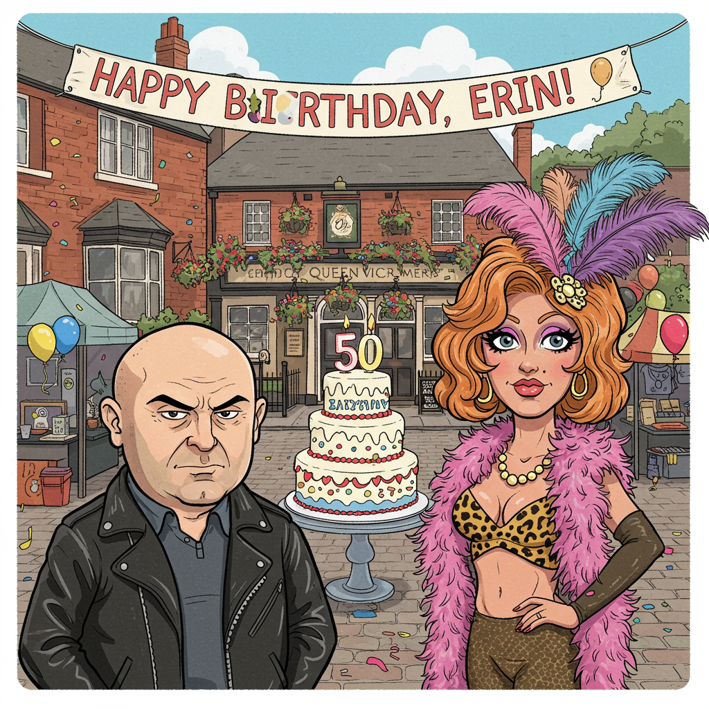 **Card Front Cover Description:**

**Foreground Scene:**  
Create a bustling street market scene reminiscent of Eastenders' Albert Square. At the forefront, draw a cartoonish Phil Mitchell with an exaggerated bald head and a fierce scowl. He wears a signature leather jacket that gleams in a glossy black finish. Next to him, illustrate a flamboyant Kat Slater with her signature leopard print top, feather boa draped around her neck, and an extravagant headpiece, all rendered in vibrant, exaggerated colors.

**Background Elements:**  
Position a lively pub in the background that mimics the Queen Vic, complete with a red brick facade and hanging flower baskets overflowing with neon-colored blooms. Above the pub, the sky is an exaggerated, cheerful mix of azure blue and cartoonishly puffy white clouds.

**Birthday Elements:**  
Introduce a large, cartoon-style birthday cake on a stand between Phil and Kat. The cake is tiered and decorated with bright, swirly patterns in primary colors. A large number '50' candle burns atop the cake, its flame flickering with exaggerated animation lines.

**Banner and Text:**  
Above the cake, a colorful banner stretches across the scene with large, bold letters spelling "HAPPY BIRTHDAY, ERIN!" The banner is decorated with small, cartoonish balloons in red, yellow, and blue, floating around it.

**Additional Details:**  
On the cobbled street, sprinkle confetti and small party hats that mimic the style of Gary Larson's work. Scatter a few balloons in pastel colors across the scene. Introduce quirky details like a tiny cartoon cat with large, expressive eyes, peeking out from behind a market stall selling quirky 'Eastenders' memorabilia in an Hergé-inspired, clean line style. 

**Color Palette:**  
Utilize a bright, bold color palette reminiscent of Bill Watterson's work. Reds, blues, yellows, and greens should dominate, with contrasting accents to make each element pop in a vibrant, cartoon world.

This scene merges Eastenders with birthday cheer in a lively, exaggerated cartoon style that channels the whimsy of classic comic artistry.
Generated with these themes: Eastenders, Phil mitchell , and Kat Slater.
Made with ❤️ by AI.