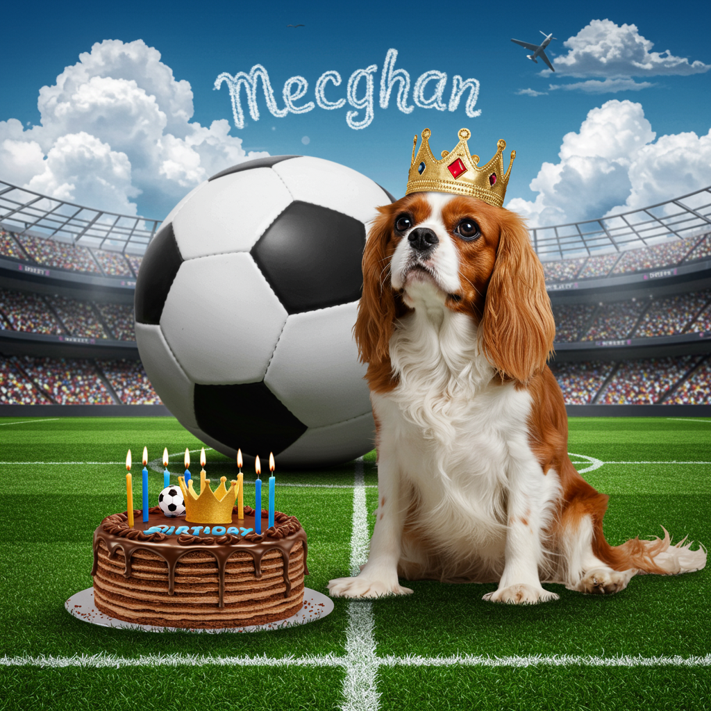 In the foreground of the greeting card, a regal King Charles Cavalier, with its silky chestnut and white fur, sits proudly on a lush green soccer field. Its big, expressive eyes are fixed on a crown that has been elegantly placed on its head, the gold gleaming under the bright stadium lights.

The soccer field is meticulously detailed, with perfectly painted white lines marking the pitch. In the background, a massive, realistically detailed soccer ball is positioned at an angle, just behind the dog, its black and white patches bold and striking.

Above, the sky is a deep azure, scattered with fluffy, white clouds. Across the expanse of blue, a skywriting plane has whimsically spelled out "Meghan" in soft, white letters, which fade gently into the horizon.

To the left of the Cavalier, a birthday cake sits on the field. It is a rich chocolate with layers that are intricately textured. The top of the cake is crowned with a small, edible soccer ball and a delicate sugar-crafted crown. The candles, in vibrant shades of blue and gold, are unlit but stand out vividly against the chocolate.

This scene is framed by a border that mimics a stadium's crowd, with tiny, indistinct figures colored in multicolors, suggesting jerseys and flags. The entire composition is a play on scale, with surreal elements like the oversized soccer ball and the skywritten name, blending the whimsical with the lifelike details.
Generated with these themes: King Charles cavalier, Soccer, and Crown.
Made with ❤️ by AI.