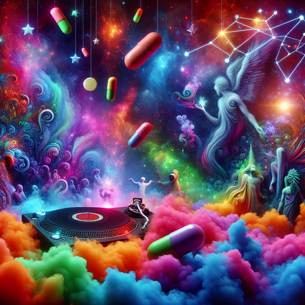 An abstract, surrealistic scene portrays a fantastical birthday celebration glowing with neon colors reminiscent of futuristic energy sources. Floating DJ turntables evoke the understanding of starships, surrounded by enigmatic mythological figures dancing amidst clouds of vibrantly colored powders suggestive of exuberance and celebratory intoxication. Peculiar constellations, shaped like pills, strew the space above, extending the suggestion of a psychedelic journey through a universe where the power of celebration is as potent as any substance.
Generated with these themes: Star wars,dj,rum,drugs.
Made with ❤️ by AI.