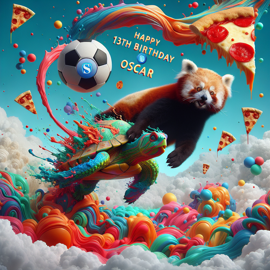 Render a whimsical abstract image with a surreal and ethereal backdrop. The central element should be a playful Red Panda, depicted as artfully dribbling a turtle shell to serve as an abstract replacement for a soccer ball with an SSC Napoli logo. Amidst the sea of vibrant colors, suspend slices of pizza and a fanciful cake that appears to defy gravity. Up above, let the words 'Happy 13th Birthday Oscar' shine in a playful font that fits with the unrestrained nature of the fantastical celebration.
Generated with these themes: Red Panda playing soccer, Napoli, SSC Napoli, Happy 13th Birthday , Oscar, Cake, and Pizza.
Made with ❤️ by AI.