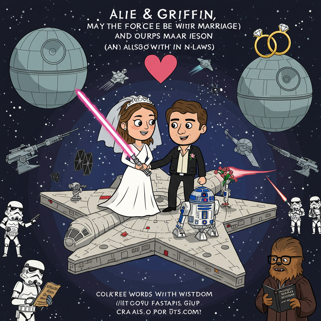 **At the top of the vector image:** "Alie & Griffin, May the Force Be With Your Marriage (And Also With Your In-Laws)"

**Image prompt:**  
Create a humorous vector-style illustration set in a Star Wars-inspired universe. The bride (Alie) is dressed in a flowing white Jedi robe with a bridal veil, wielding a glowing pink lightsaber. The groom (Griffin) is dressed as a dashing Han Solo with a boutonnière blaster. They’re floating in space aboard a star-shaped wedding cake shaped like the Millennium Falcon, being "piloted" by a smiling R2-D2 in a bowtie.

In the background, stormtroopers in tuxedos throw rice instead of laser blasts, and Chewbacca serves as the officiant, wearing glasses and holding a book titled "Wookiee Words of Wisdom." Above, two Death Stars shaped like gold wedding rings orbit around a heart-shaped moon.

The overall mood is fun, light-hearted, and celebratory, blending iconic Star Wars imagery with silly romantic wedding chaos in vibrant vector cartoon style.
Generated with these themes: Star Wars , , and .
Made with ❤️ by AI.