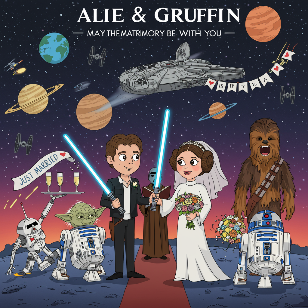 **Prompt:**  
At the top of the vector image, “Alie & Griffin – May the Matrimony Be With You!”  

Create a colorful, humorous vector-style image of a wedding scene on a distant galaxy planet. Alie and Griffin are dressed in Star Wars-inspired wedding outfits—Griffin as Han Solo in a tux, and Alie as Princess Leia with a bridal twist (Leia buns and veil). They’re exchanging lightsabers instead of rings, while Yoda acts as the officiant, holding a “Joined, You Are” book. In the background, R2-D2 is serving champagne flutes and Chewbacca is catching the bouquet with a big happy roar. The Millennium Falcon soars through the sky pulling a banner that reads “Just Married, They Are!” Planets, stars, and distant starfighters complete the whimsical galaxy setting. The mood is romantic but full of geeky humor and joy.
Generated with these themes: Star Wars , , and .
Made with ❤️ by AI.