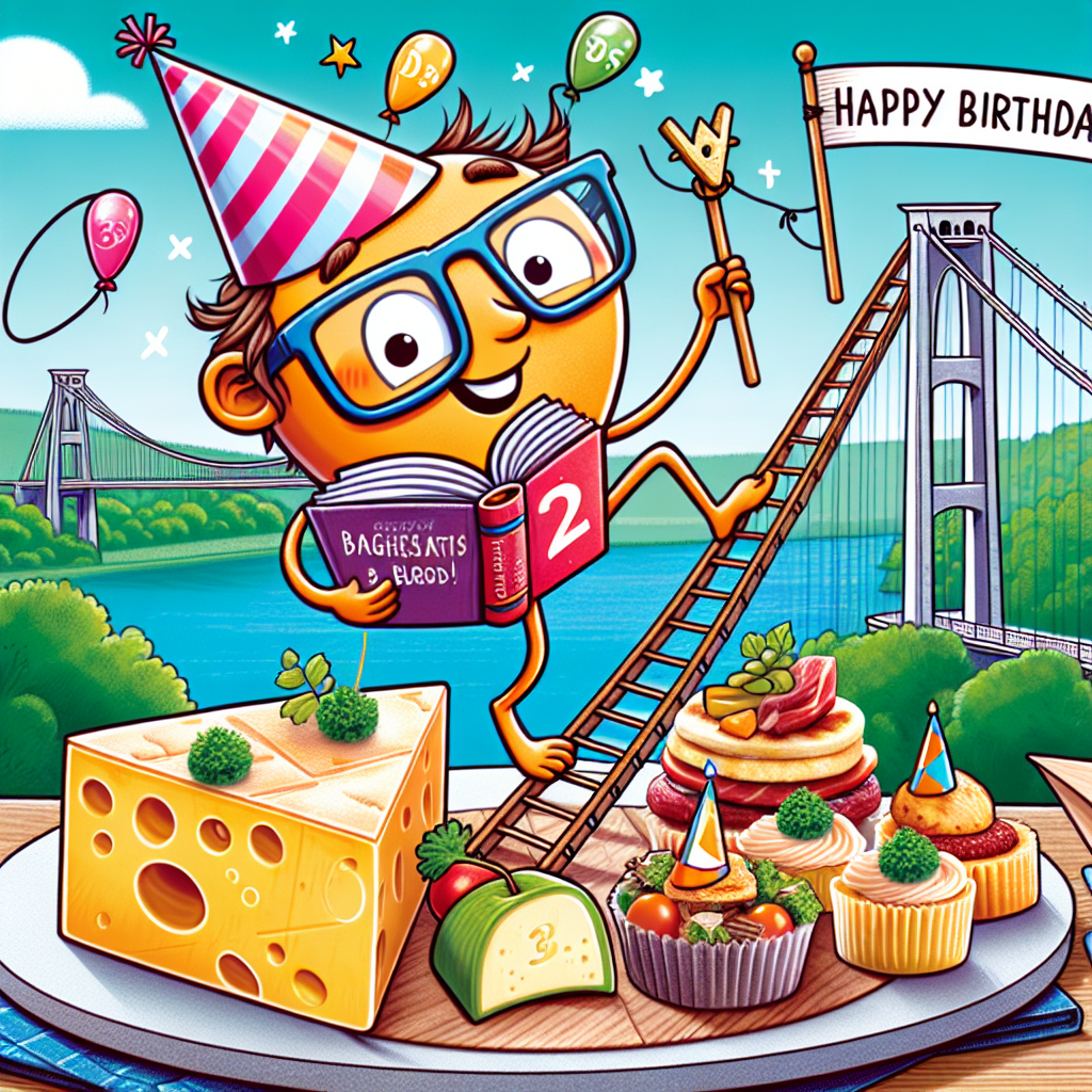 A vibrant and playful birthday card with cartoon aesthetics includes a collection of distinct and delightful elements. The central character, who ardently holds a mathematics book, characterizes a fondness for study and learning. This character humorously climbs a well-known suspension bridge, a homage to the city of Bristol and a likeness for outdoor challenges. Integral to the scene is a carefully put together gourmet food platter, starring miniature cartoons of cheese and meat garnished with party hats, adding a festive and high-class flair to the birthday festivities.
Generated with these themes: Mathematics , Climbing, Bristol, and Charcuterie .
Made with ❤️ by AI.