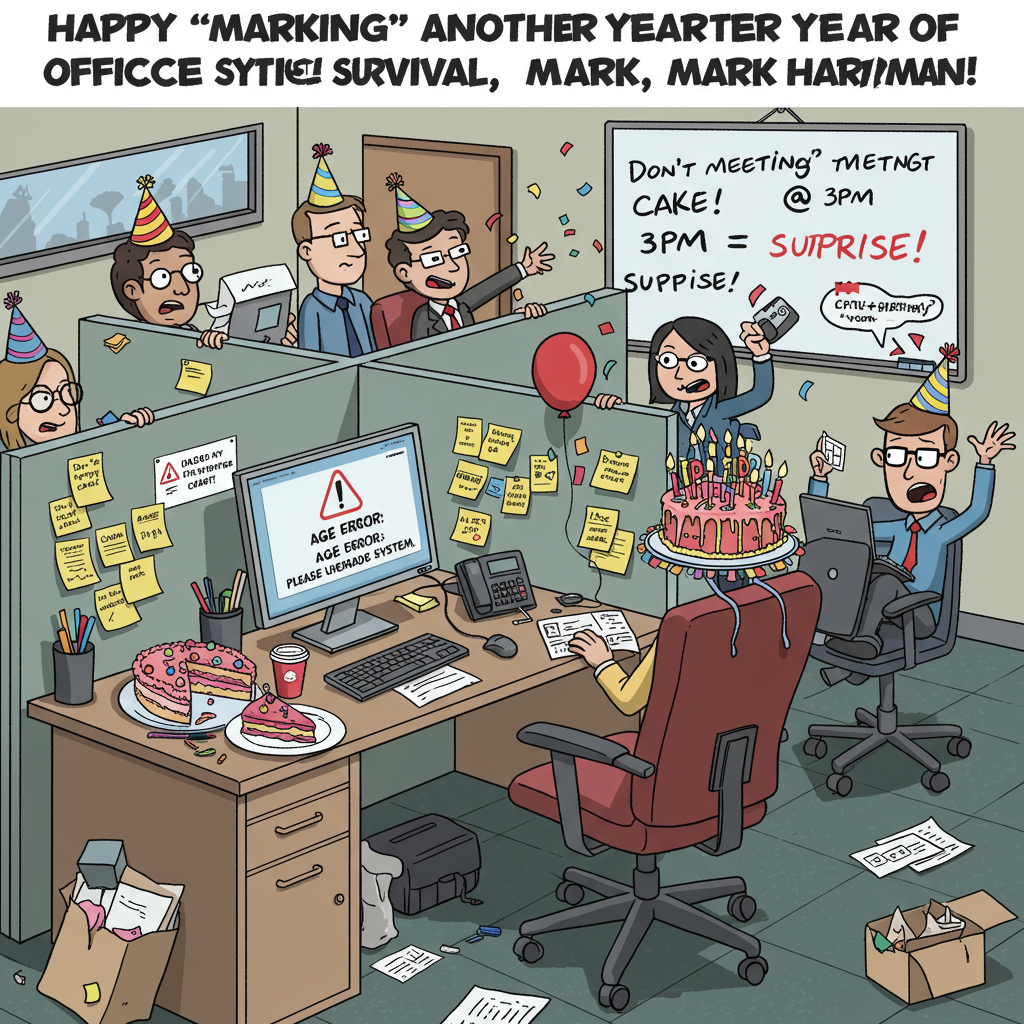 **Prompt:**  
At the top of the vector image, "Happy 'Marking' Another Year of Office Survival, Mark Harryman!"

A humorous, brightly colored vector illustration of a modern office scene in mild chaos: a disheveled desk piled high with birthday cake slices instead of paperwork, a computer monitor showing a pop-up alert that says "Age Error: Please Upgrade System," and an office chair decked out like a birthday throne—complete with a balloon tied to one armrest and a party hat on top. Office coworkers are peeking over cubicle walls wearing party hats and throwing confetti while pretending to type. One is photocopying a birthday card. Include sticky notes on a whiteboard that say things like "Don’t forget cake!", "Fake Meeting @ 3PM = Surprise!", and "Ctrl+Alt+Birthday." Bright colors, bold outlines, and a flat vector style with fun cartoon expressions. Keep the vibe light-hearted and playfully sarcastic.
Generated with these themes: Modern Office.
Made with ❤️ by AI.