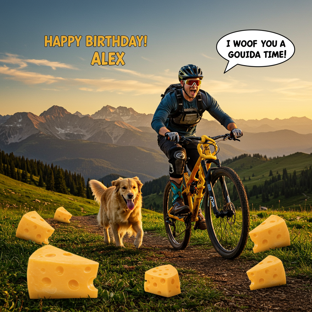 Mountain biking, cheese, dogs, cowboy boots, and Birthday Card