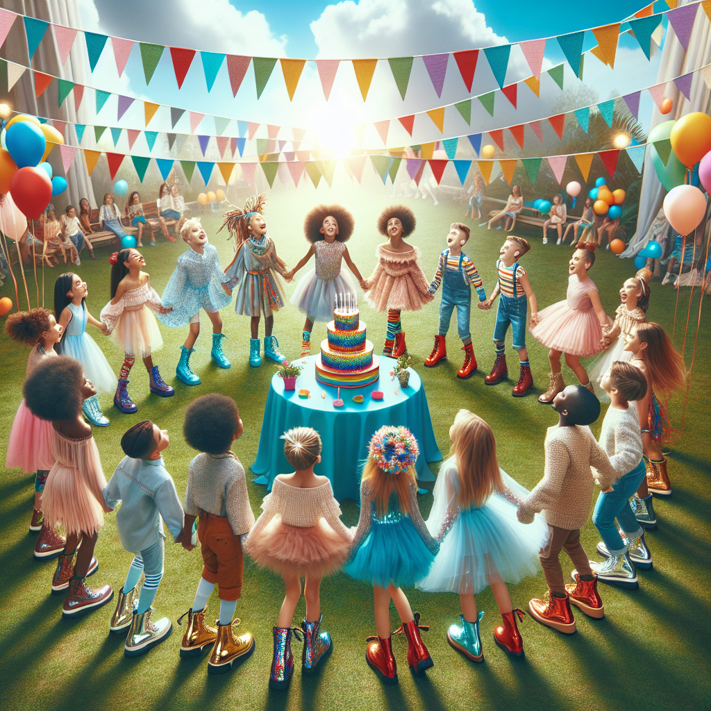 Create a vibrant outdoor scene. The sky overhead is adorned with a string of multicolored pennants that wave in the gentle wind. A group of lively children, each representing a different descent like Caucasian, Hispanic, Black, Middle-Eastern, and South Asian, form a circle in the center. They are all dressed in captivating party clothing, each wearing a unique pair of shoes - some in glossy boots, others in playful footwear with dazzling lights. They participate in entertaining games, their laughter and joy filling the atmosphere. In the distance, there is a table set up with a multi-tiered birthday cake, ready to be sliced and shared.
Generated with these themes: Children , and Shoes.
Made with ❤️ by AI.