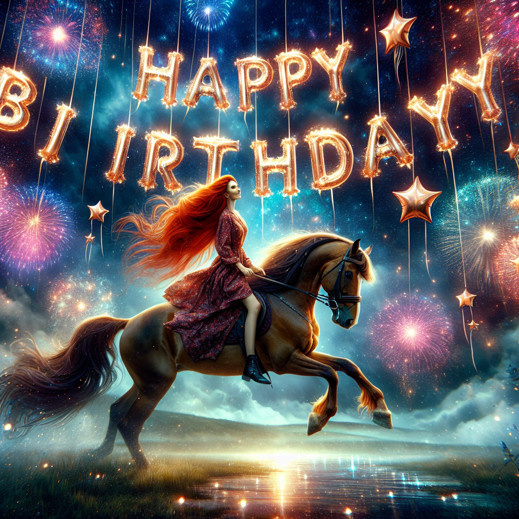 In a captivating and lifelike birthday scene, a young Caucasian woman with vibrant red hair gracefully rides a splendid bay horse. They are jumping across a magical twilight sky which sparkles with stars of a variety of colours, illuminating the surroundings with an enchanted glow. Amid the brilliant fireworks display, the words 'Happy Birthday' are displayed in the heavens, each letter enclosed within star-shaped balloons that appear to dance in the atmosphere.
Generated with these themes: A fantasy scene where a beautiful young woman with long flowing bright red hair rides a majestic bay horse, Across a magical twilight sky with twinkling multi coloured stars, and Happy birthday is inscribed in star shaped balloons in a firework filled sky.
Made with ❤️ by AI.