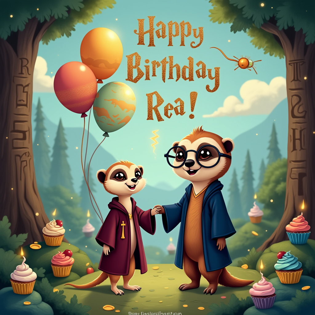 In this whimsical cartoon birthday scene, set against the backdrop of a fantastical Hogwarts-esque landscape, a cute meerkat and an adorable sloth are the stars of the show. They stand side by side in a lush, magical forest clearing, surrounded by towering, ancient trees with trunks spiraled in mysterious runes. Both are clad in vibrant, Hogwarts-inspired robes, the meerkat's a deep maroon while the sloth's is a majestic navy blue. The meerkat, slender and lively, beams with excitement, its wide eyes sparkling as it holds hands with the sloth. The sloth, lounging comfortably on a mossy rock, wears large, round Harry Potter-style glasses that add a touch of scholarly charm to its laid-back demeanor. Above them, a string of enchanted floating balloons spell out "Happy Birthday, Rea!" in twinkling golden letters, with the 'R' shaped like a lightning bolt for a touch of wizardry. Scattered around their feet are tiny, animated cupcakes with frosting in the house colors of Gryffindor and Ravenclaw, bouncing merrily as if they have a life of their own. In the sky above, fluffy clouds form shapes of various magical creatures, while a golden snitch zips through the air, adding an extra dash of magic to the scene. The entire setting is filled with vibrant colors and intricate details that draw the viewer into this enchanting birthday celebration, making it a delightful tribute to Rea.
Generated with these themes: A cute meerkat is saying happy birthday to a cute sloth, They are both wearing Harry potter style robes, and They are both smiling, and they are both holding hands, The sloth has glasses , and The meerkat doesn't have glasses .
Made with ❤️ by AI.